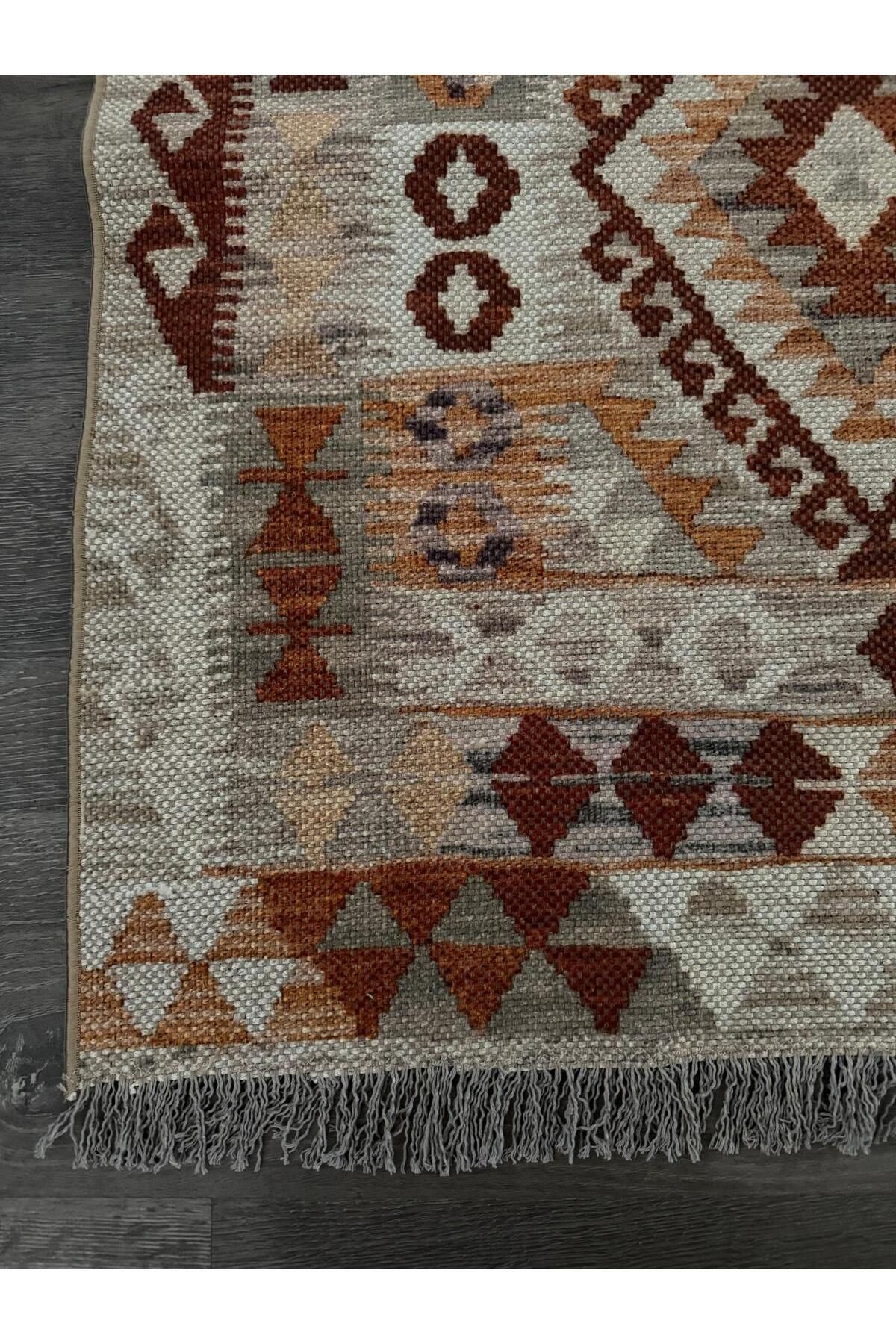 Cotton Pamuklu Çok Renkli Kiremit Tonlarda Otantik Desenli Kilim 501