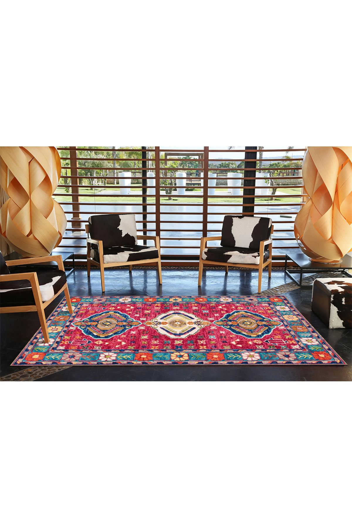 Koyu Pembe Mavi Temalı Geleneksel Motif Desenli Vintage Dekoratif Halı 3593