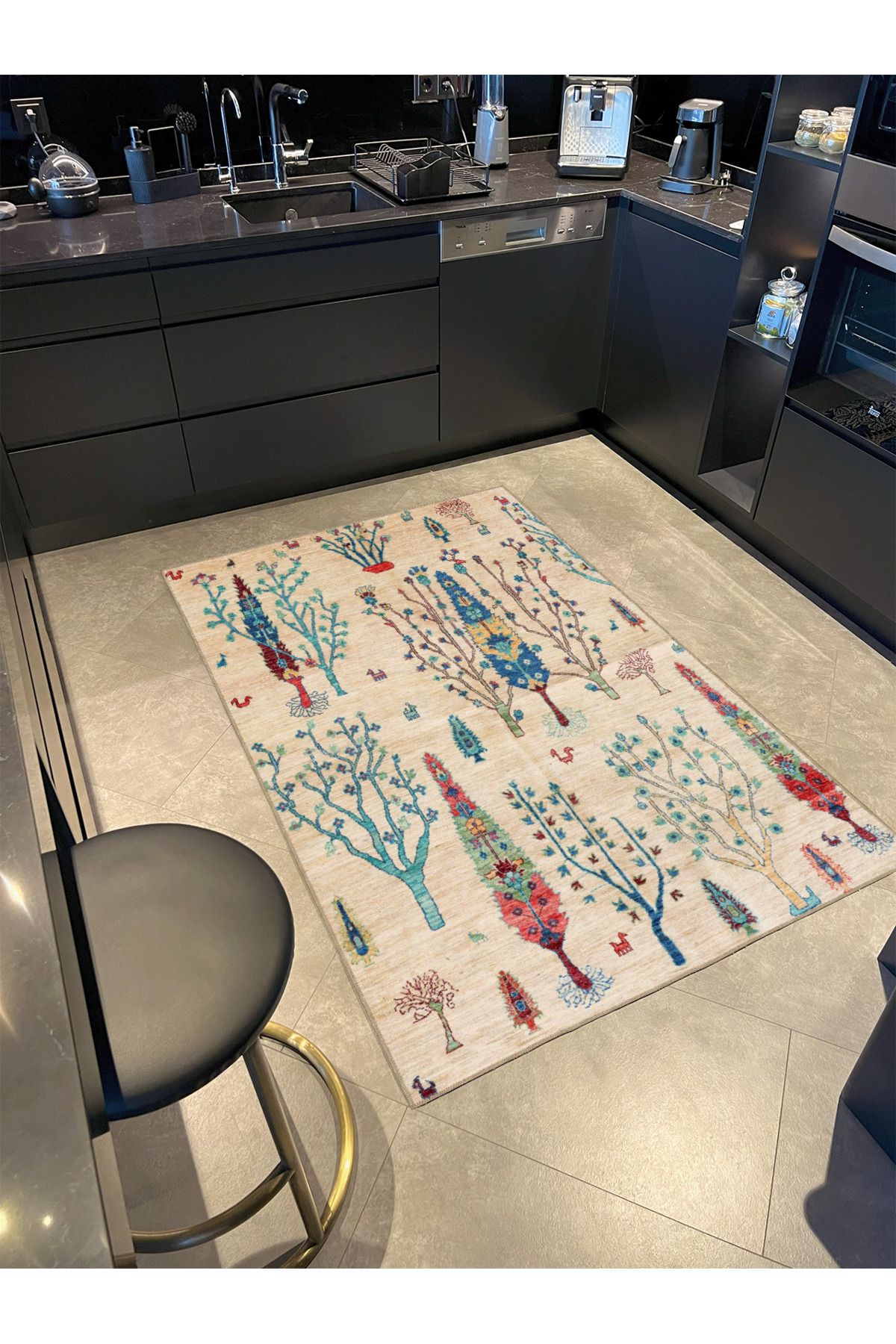 Krem Çiçekli Geleneksel Botanik Temalı Desenli Dokuma Taban Halı ve Yıkanabilir Halı aloha6