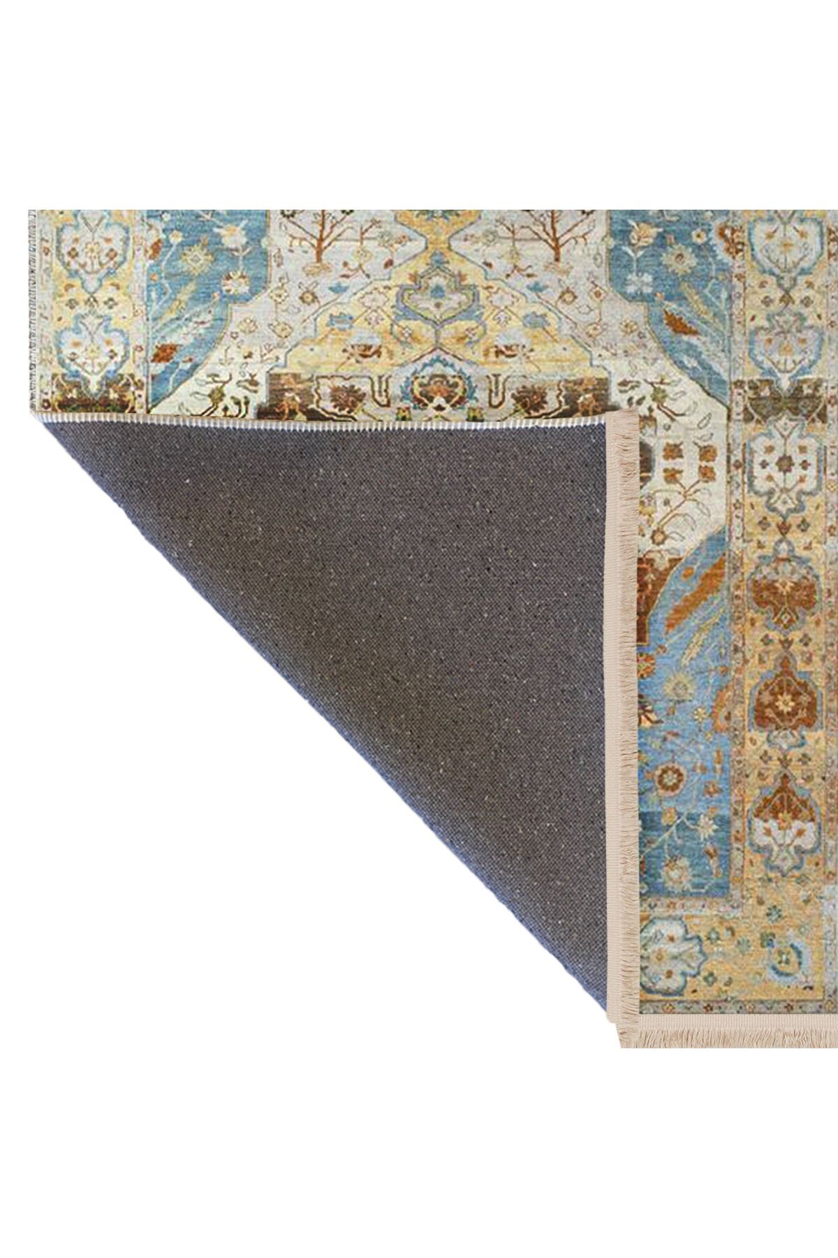Barcelona Koleksiyonu Bej Mavi Temalı Geleneksel Motif Desenli Vintage Dekoratif Halı 19
