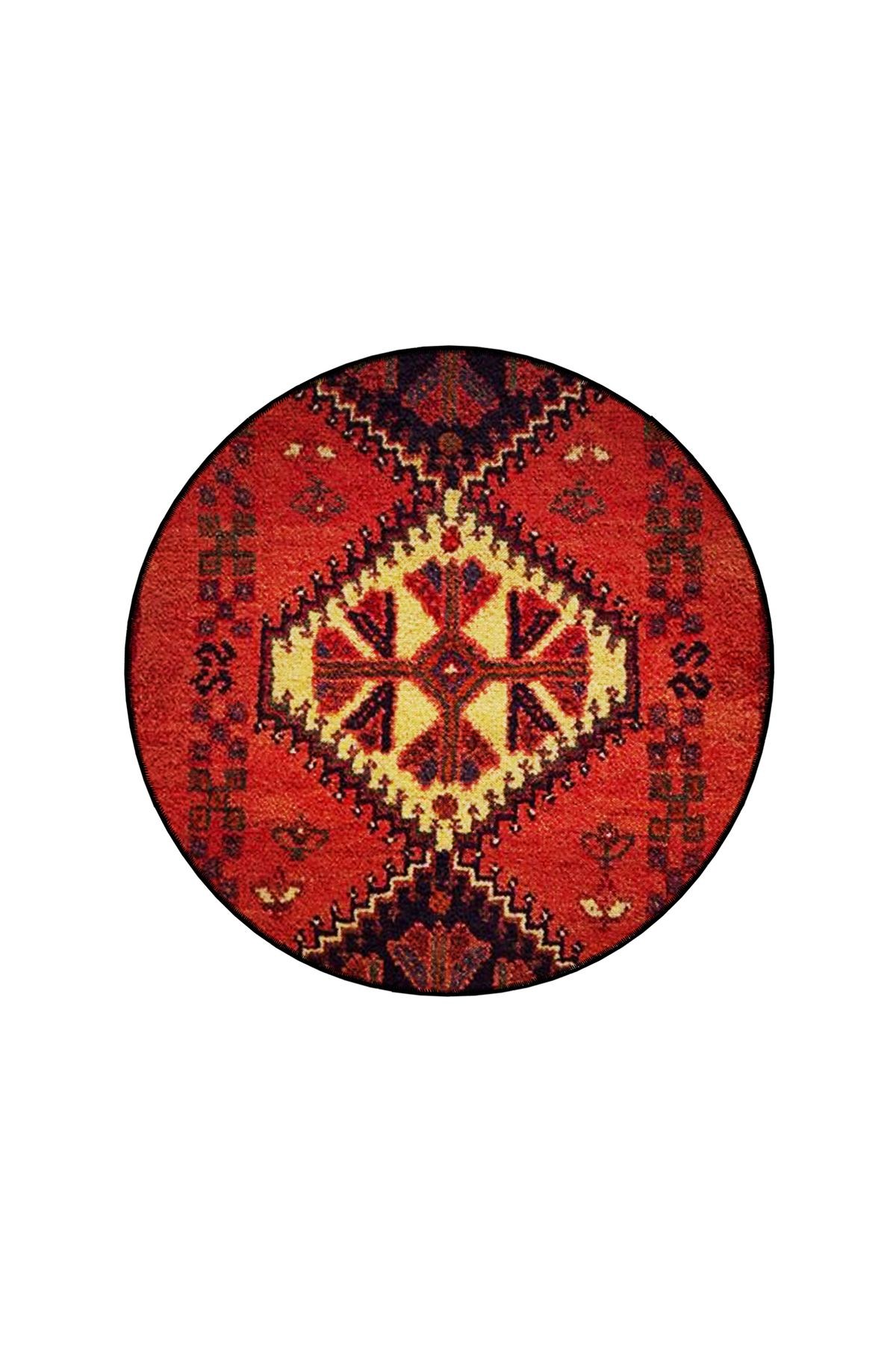 Kırmızı Tema Etnik Motifli Geleneksel Desenli Yuvarlak Dokuma Taban Vintage Dekoratif Halı 6221
