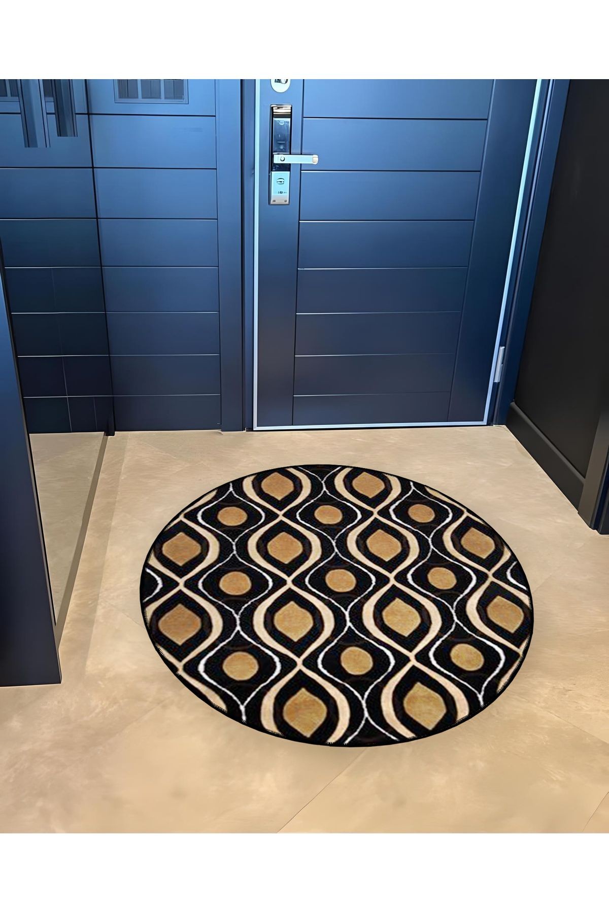 Siyah Bej Tema Etnik Motif Desenli Yuvarlak Dokuma Taban Vintage Dekoratif Halı 6085