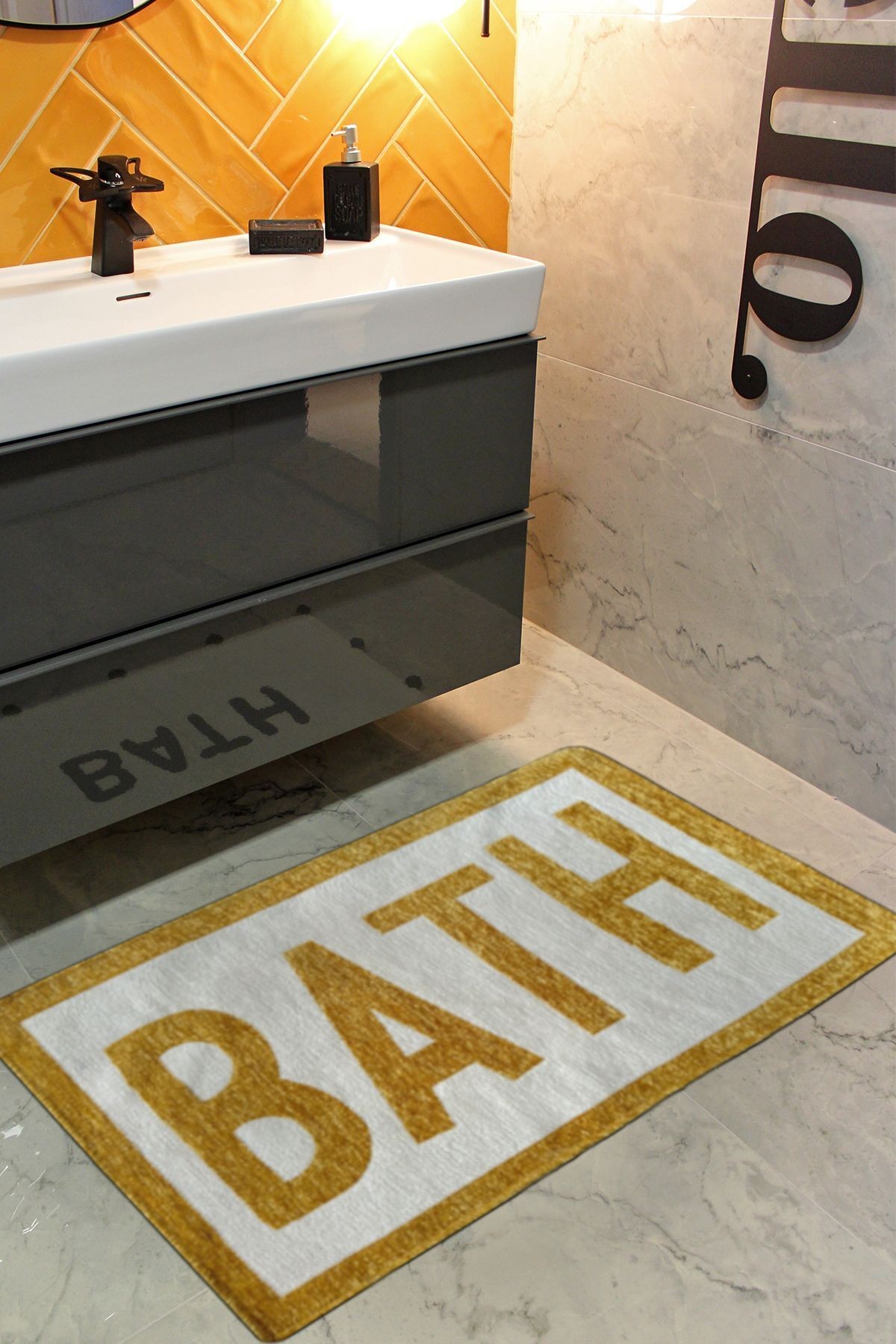Bath Yazılı Hardal Ekru Dokuma Banyo Paspası 90×57