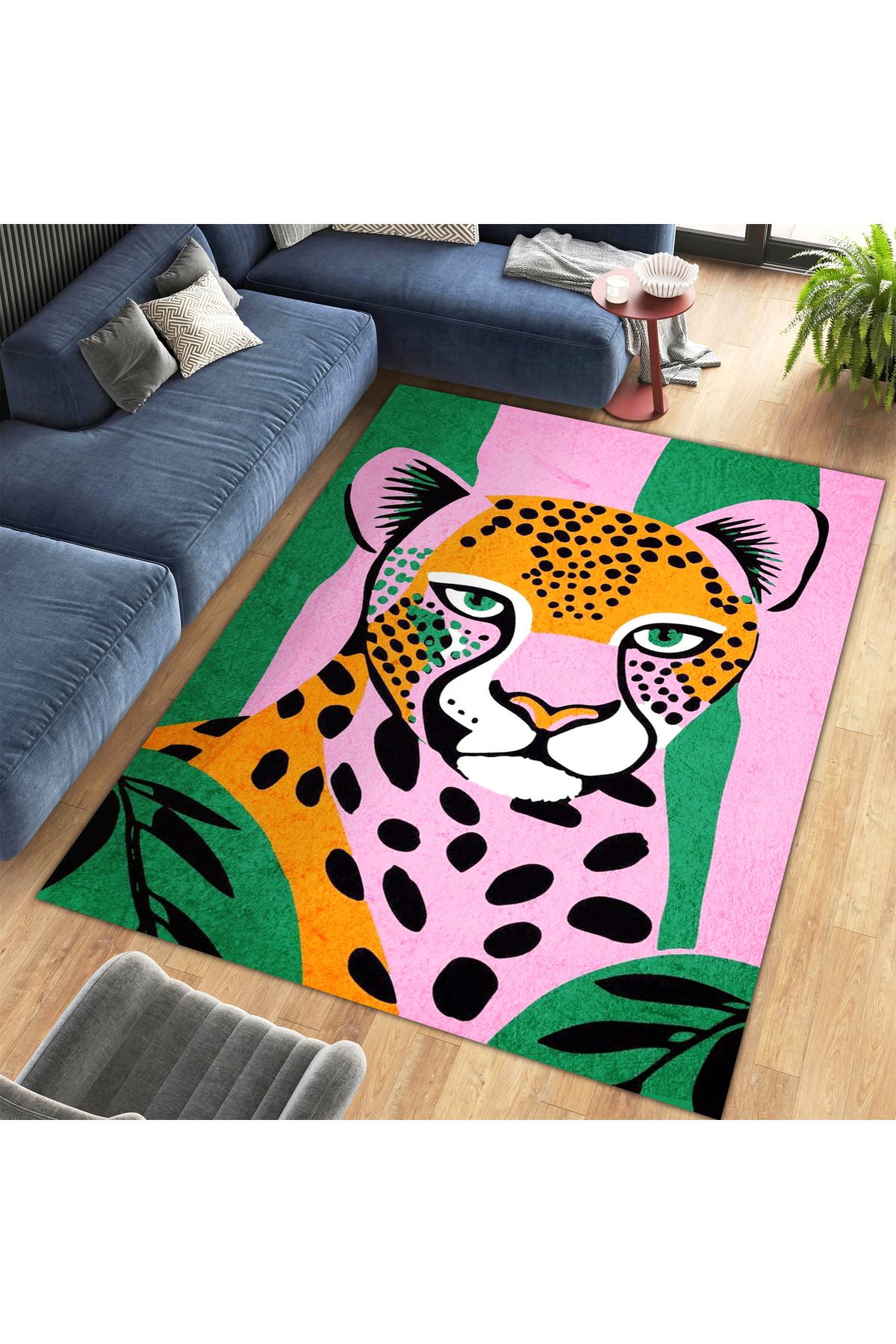 Kuzey Koleksiyonu Yeşil Pembe Leopar Dokuma Taban Dekoratif Halı kuzey22