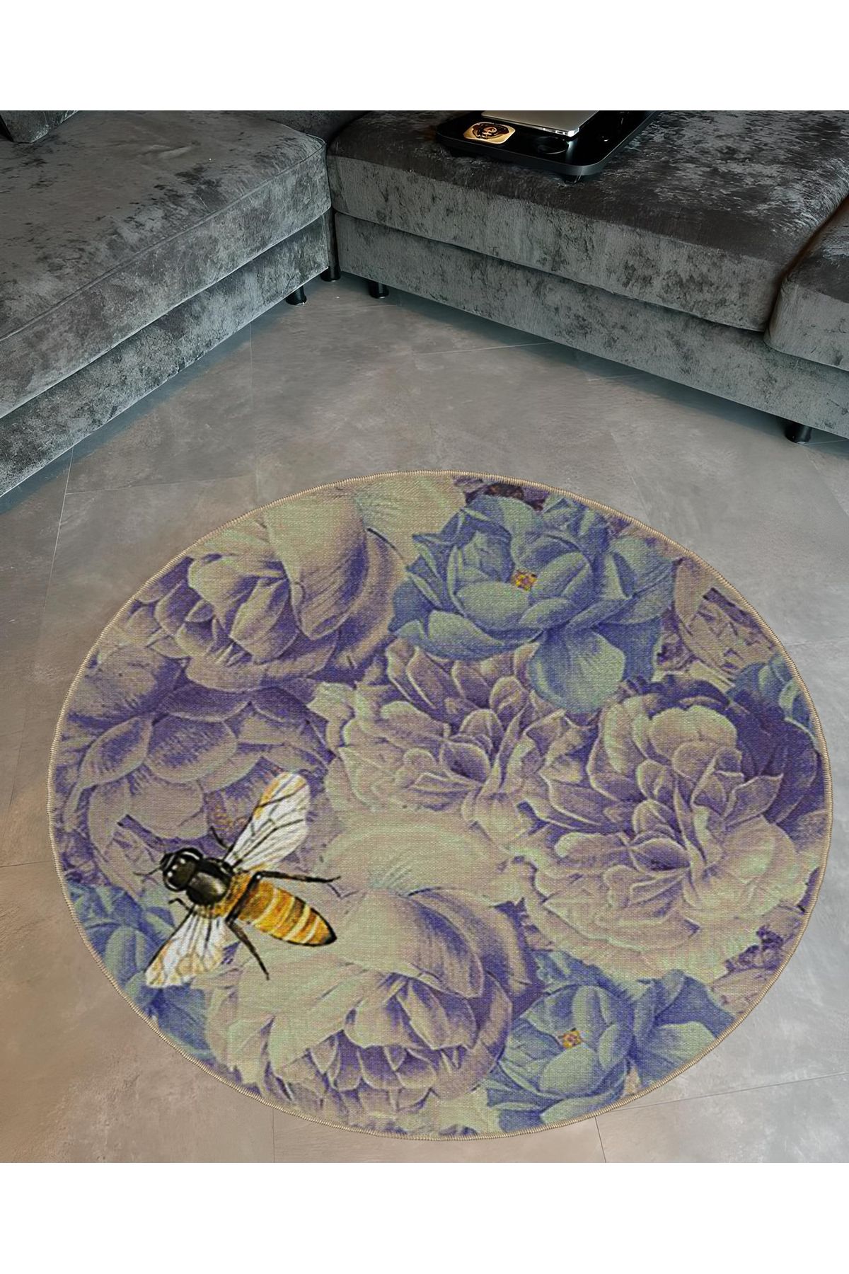 Mira Yuvarlak Mavi Mor Tonlarda Çiçekler ve  Arı Detaylı Modern Dekoratif Halı 5526