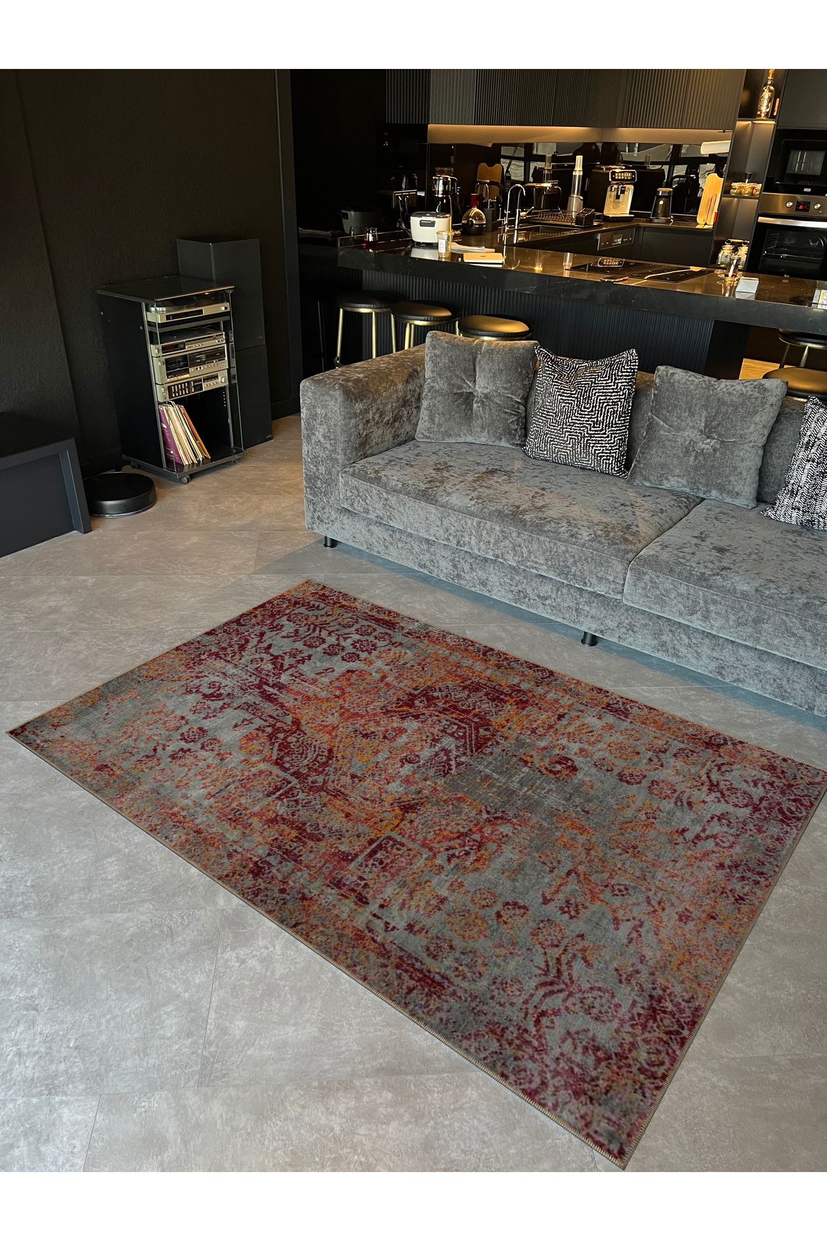 Gri Turuncu Tema Geleneksel Motif Desenli Vintage Dekoratif Halı 5183