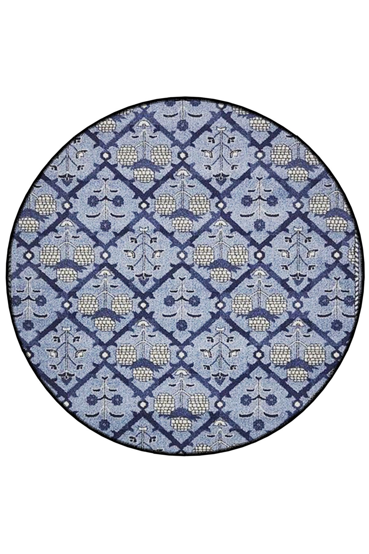 Mira Yuvarlak Lacivert Mavi Beyaz Etnik Desenli Dokuma Taban Modern Dekoratif Halı 5638