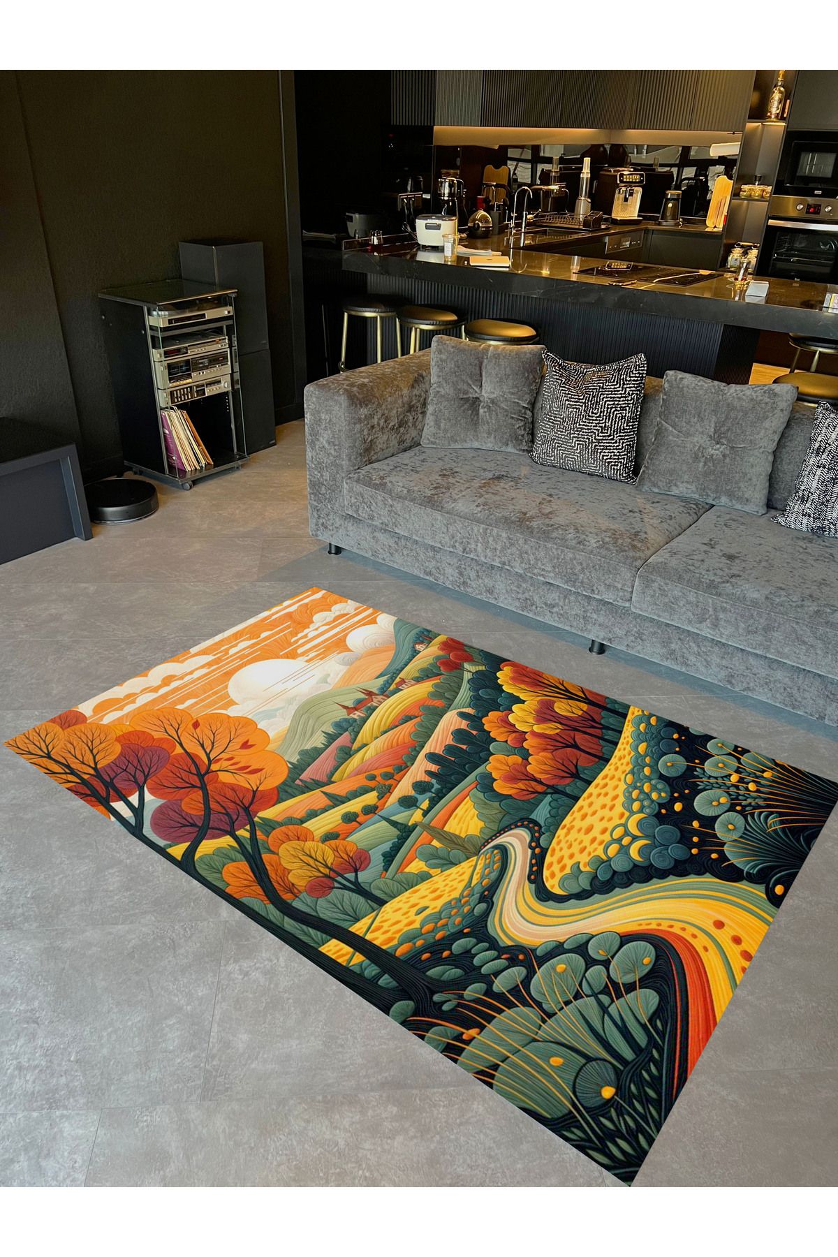 Kubilay Koleksiyonu Çok Renkli Dağ Yolu Ağaç ve Çiçekler Desen Dokuma Taban Modern Dekoratif Halı 10