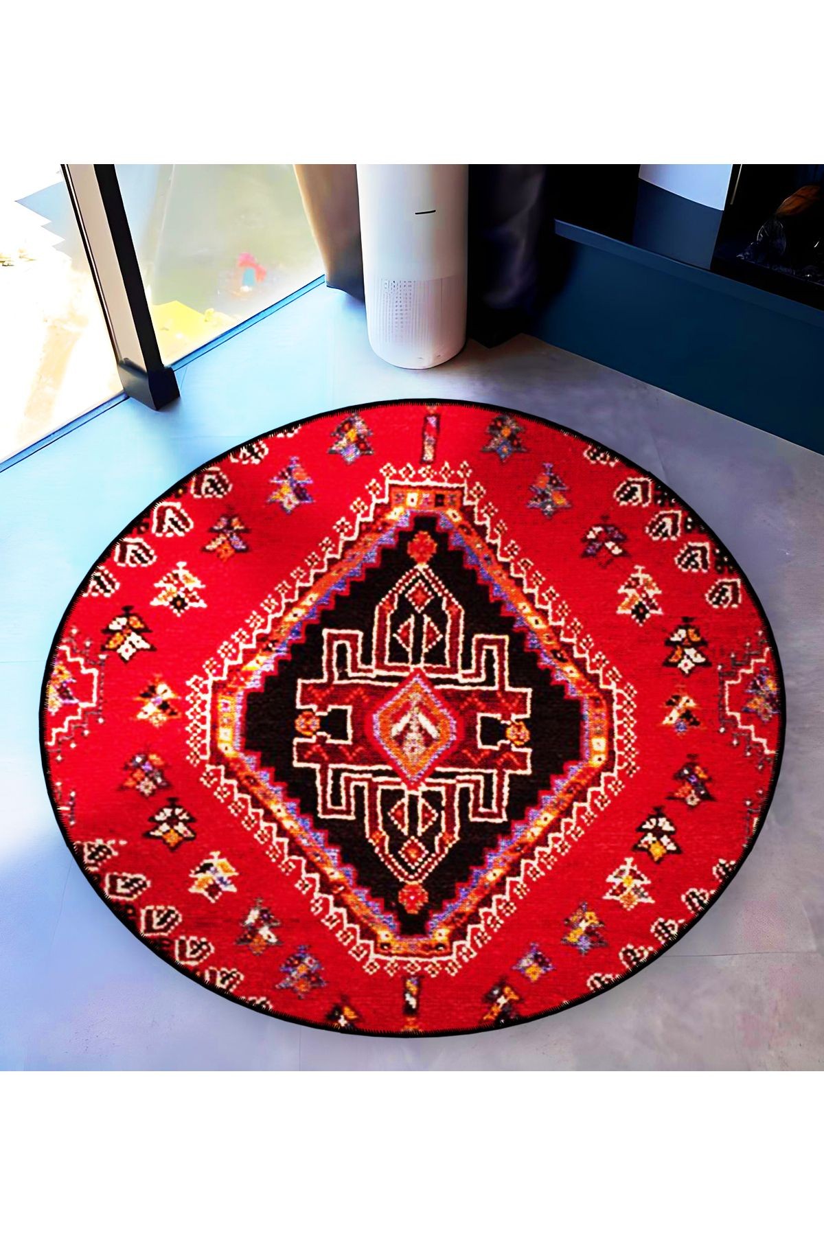 Kırmızı Temalı Etnik Motif Desenli Yuvarlak Dokuma Taban Vintage Dekoratif Halı 6226