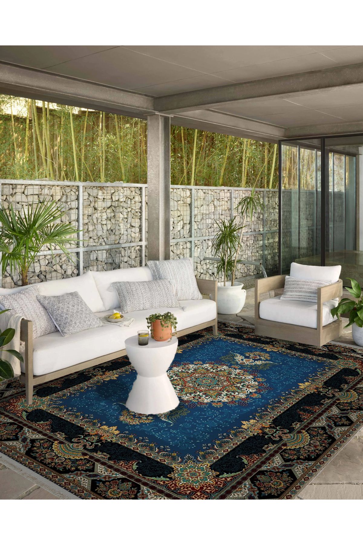 Bej Yeşil Bordür Detaylı Lacivert Desenli Etnik Serisi Modern Dekoratif Halı etnik08