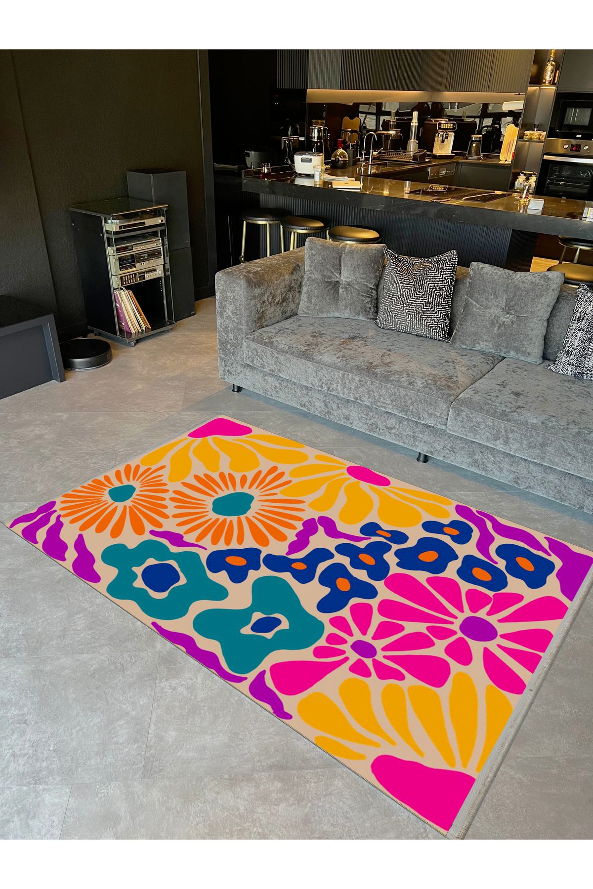 Yılmaz Koleksiyonu Çok Renkli Karma Çiçek Figürleri Desenli Modern Dekoratif Halı 20