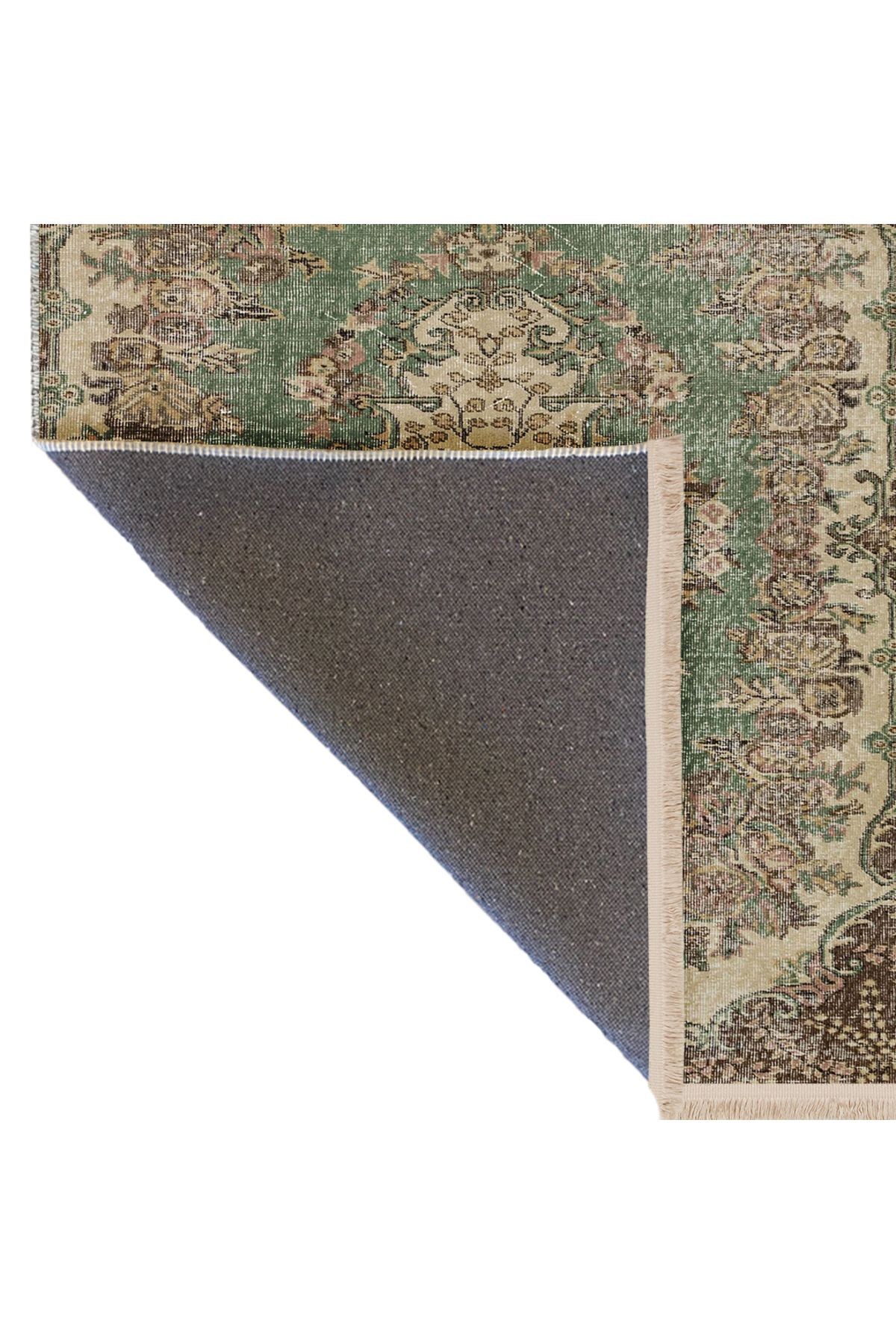 Memlük Koleksiyonu Yeşil Kahve Ton Etnik Desenli Dokuma Taban Vintage Dekoratif Halı memlük01