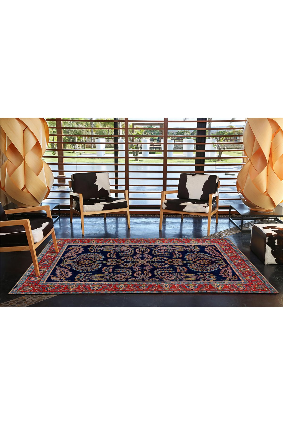 Lacivert Temalı Geleneksel Motif Çiçek Desenli Vintage Dekoratif Halı 4794