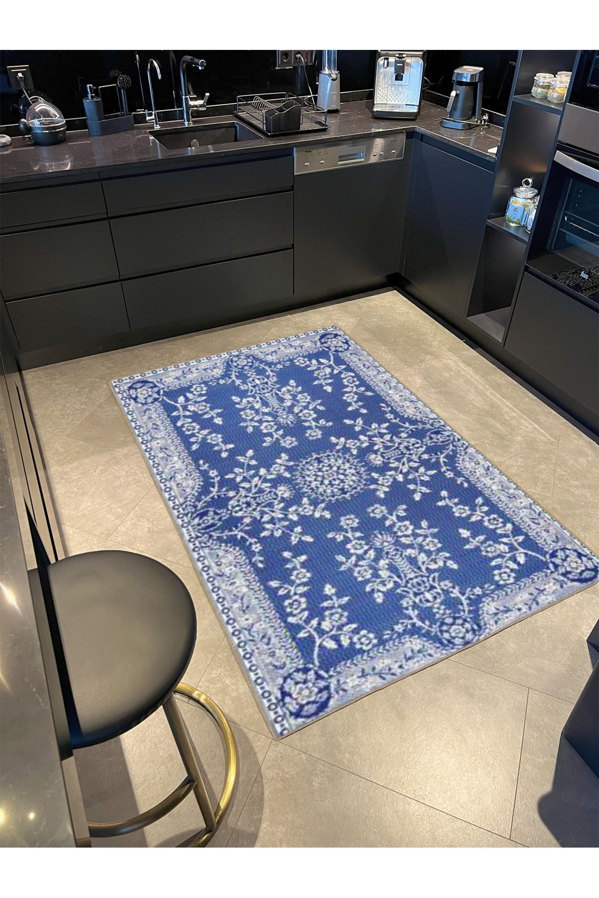 Flower Mavi Temalı Desenli Dokuma Taban Halı ve Yıkanabilir Halı aloha188