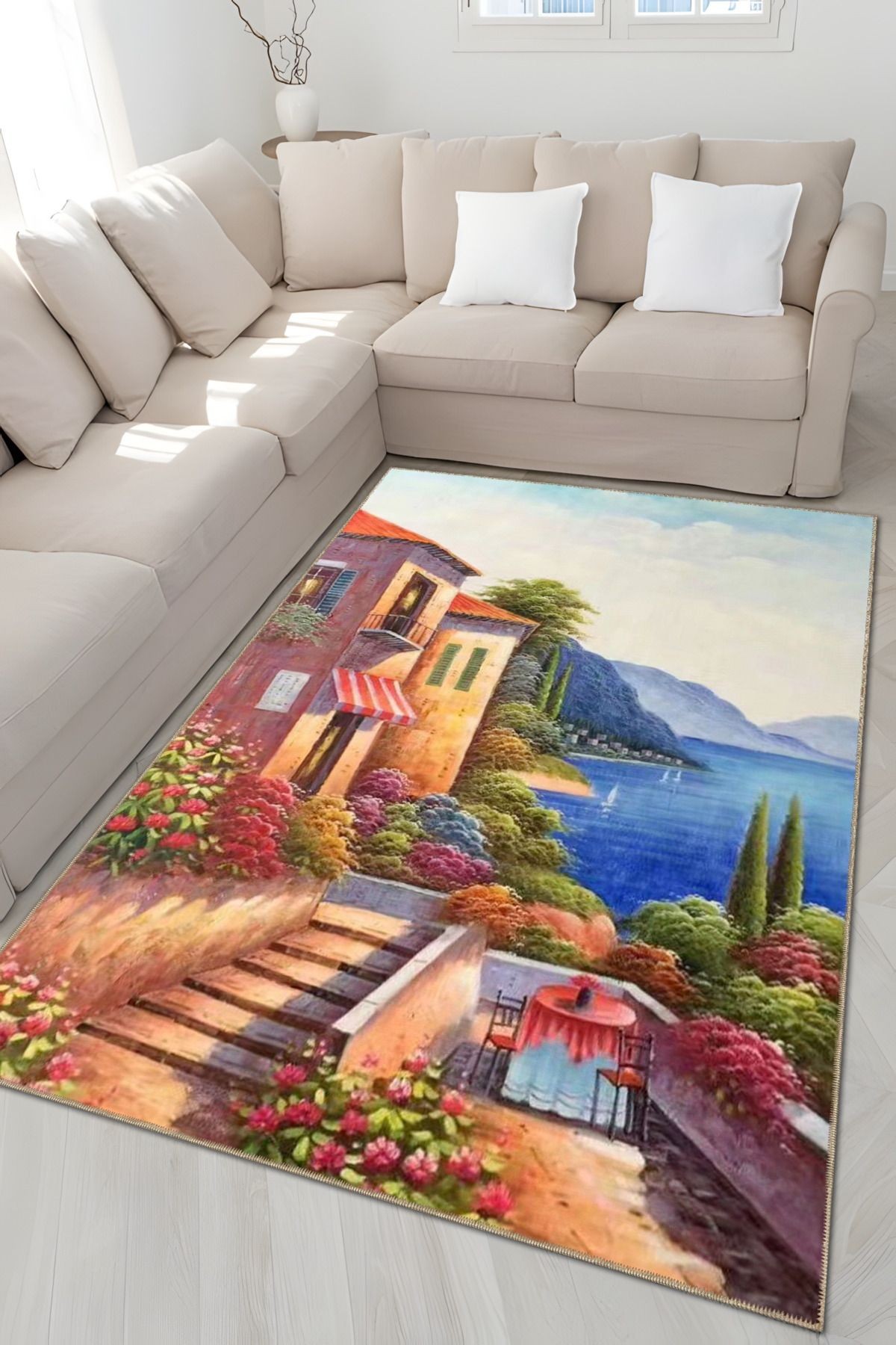 Goblen Tasarım Tatil Köyü Temalı Deniz ve Dağ Desenli Vintage Dekoratif Halı 5084