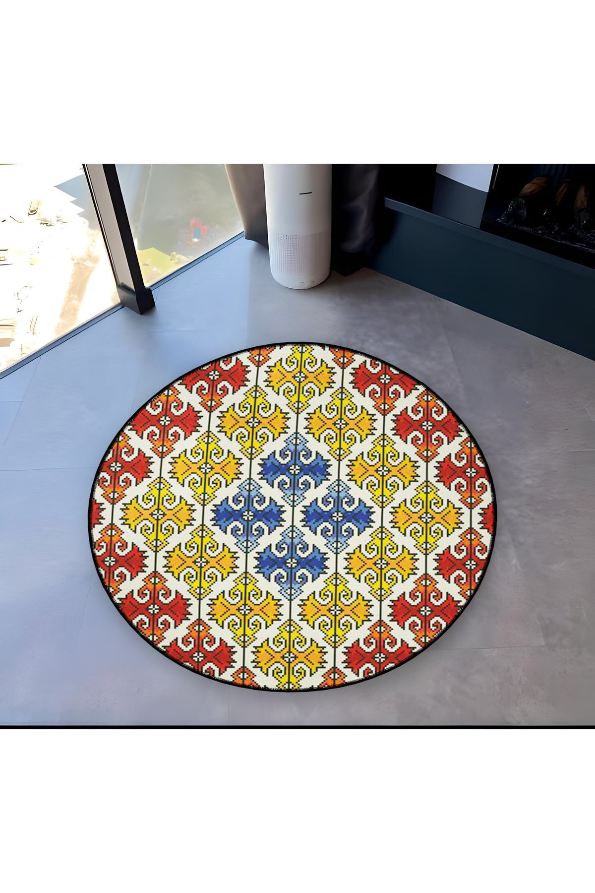 Mira Yuvarlak Sarı Mavi Kırmızı Şekil Detaylı Dokuma Taban Modern Dekoratif Halı 5619