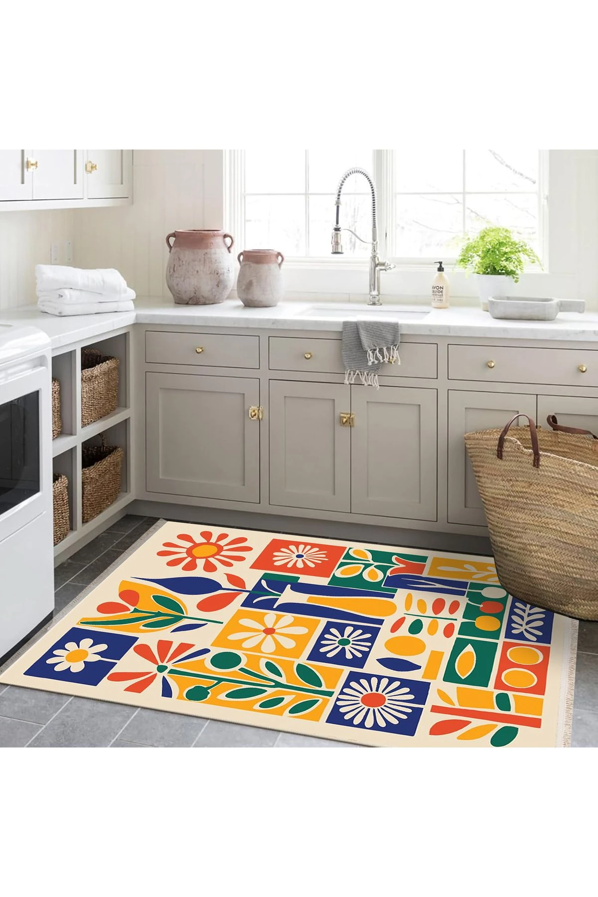 Özge Koleksiyonu Çok Renkli Çiçek Vazo Temalı Dokuma Taban Modern Dekoratif Halı özge13