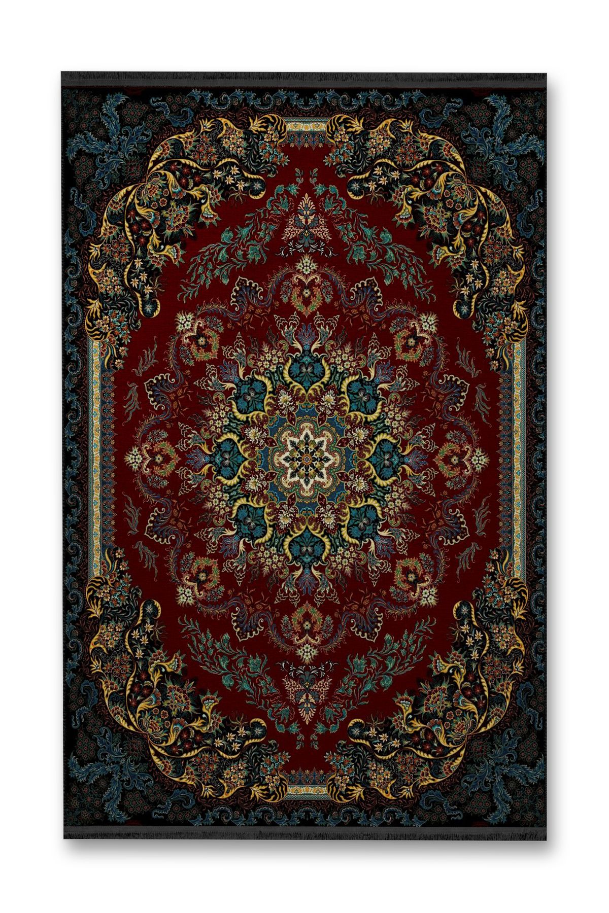 Mavi Sarı Çerçeve Detaylı Bordo Desenli Etnik Serisi Modern Dekoratif Halı etnik22