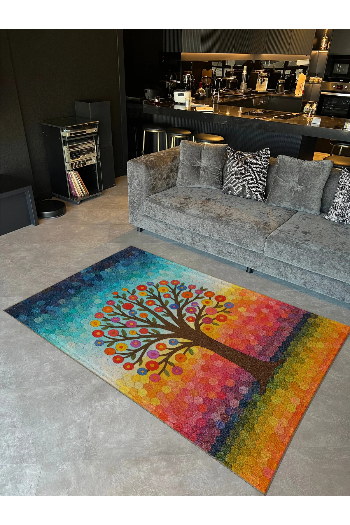 MOSSO Ağaç Temalı Çok Renkli Desen Temalı Desenli Modern Dekoratif Halı mosso426