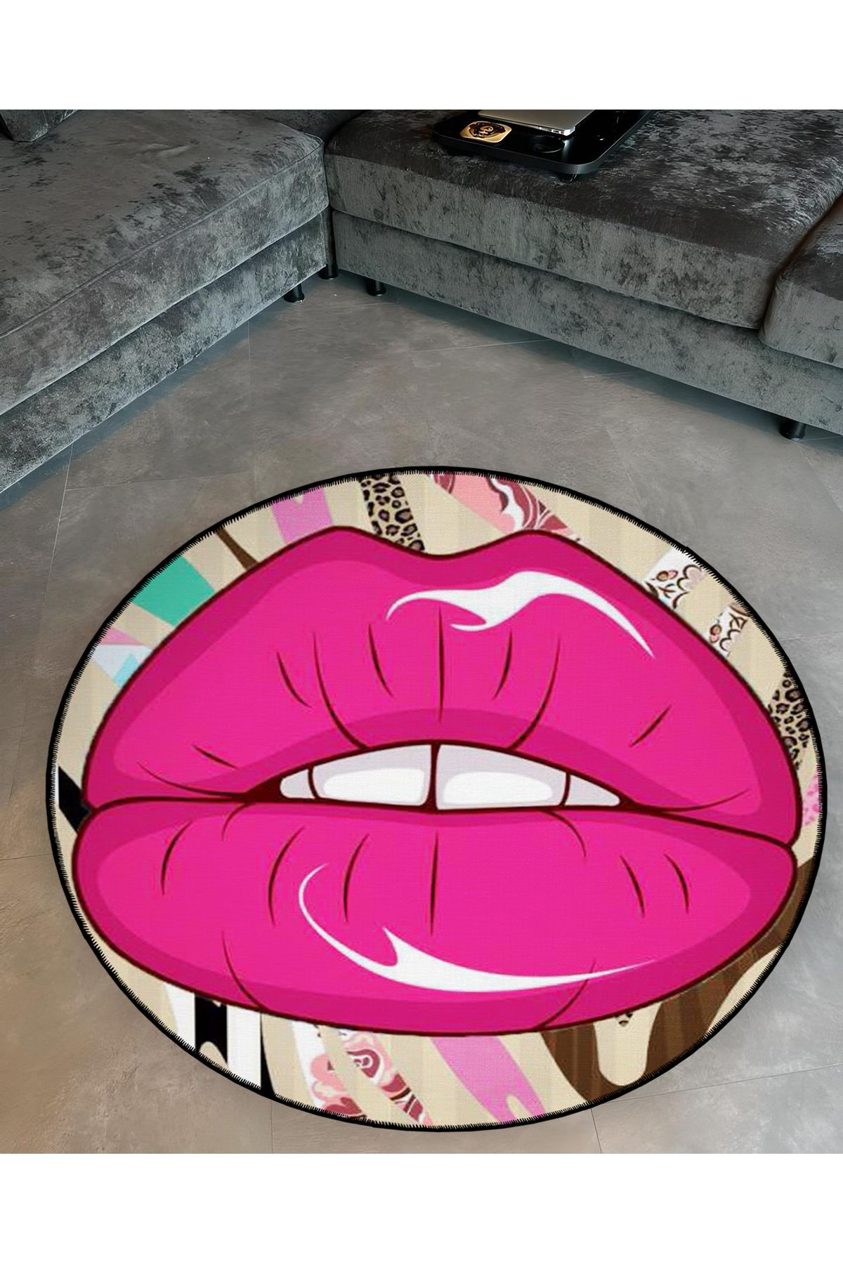 Mira Yuvarlak Pembe Dudak Desen Detaylı Dokuma Taban Modern Dekoratif Halı 5594