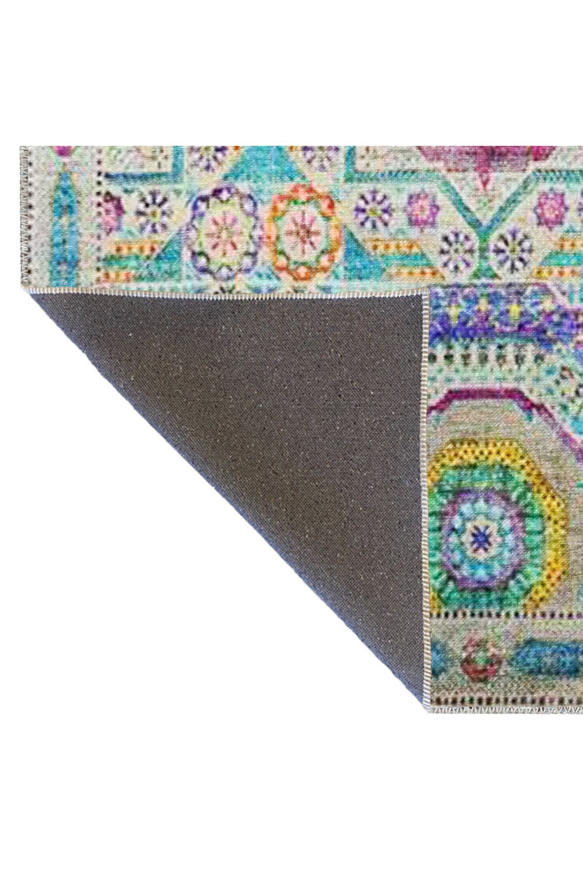 Çok Renkli Çiçek ve Geometrik Desenli Modern Dekoratif Halı 3292