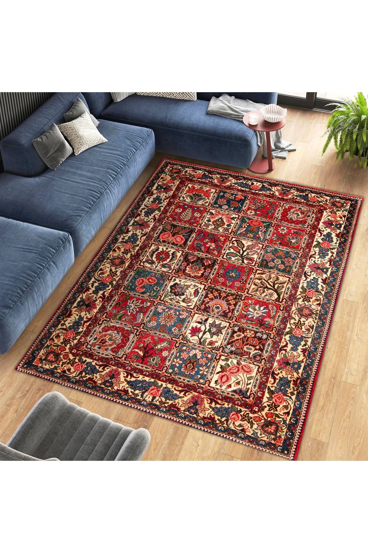 Aysu Koleksiyonu Kırmızı Tonlarda Çiçek Desenli Dokuma Taban Modern Dekoratif Halı aysu47