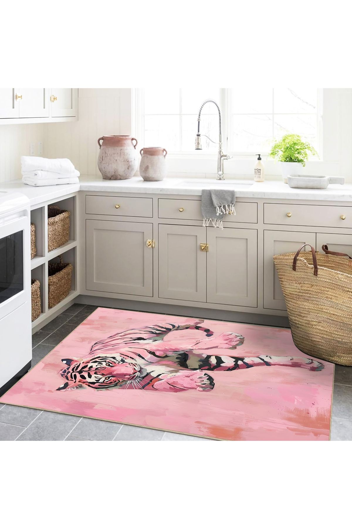 İnci Koleksiyonu Pastel Pembe Tonlu Kaplan Desenli Dokuma Taban Modern Dekoratif Halı inci64