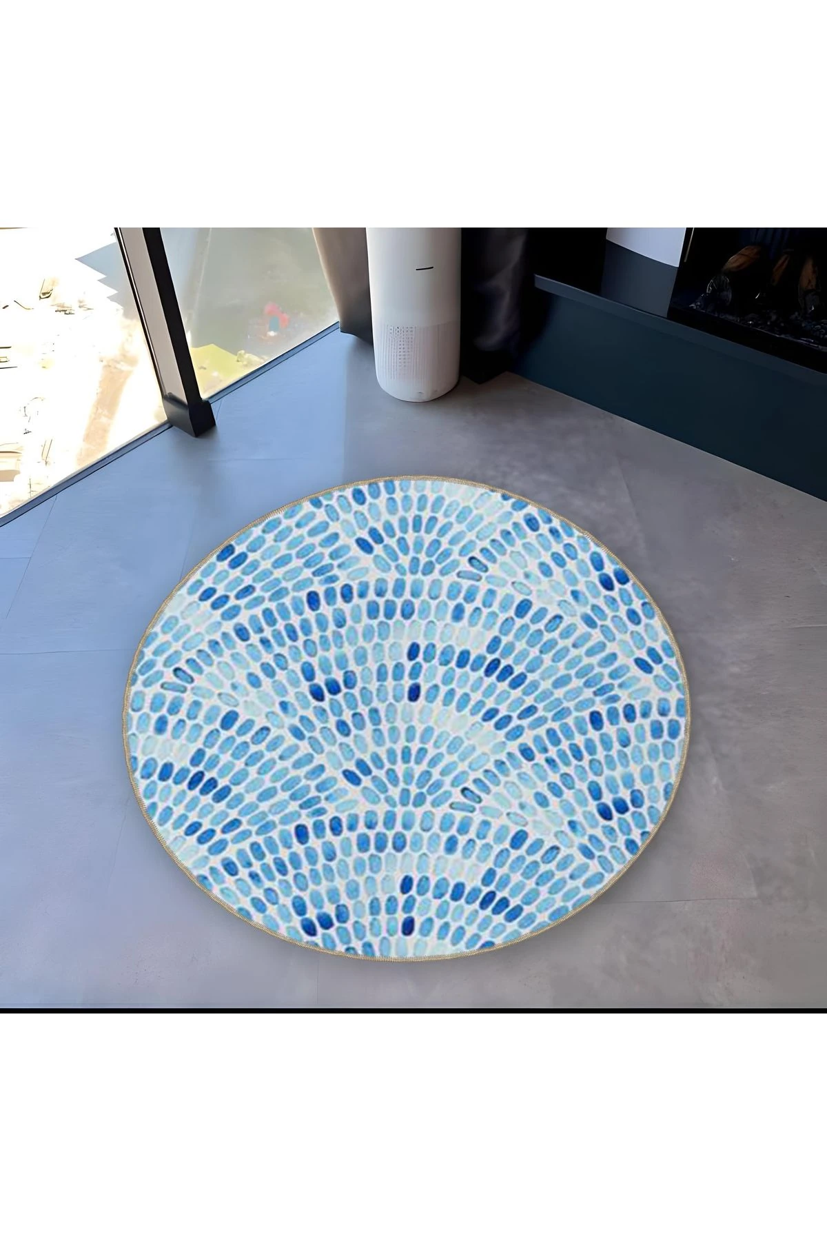 Mira Yuvarlak Mavi Tonlarda Noktalar Dokuma Taban Modern Dekoratif Halı 5561