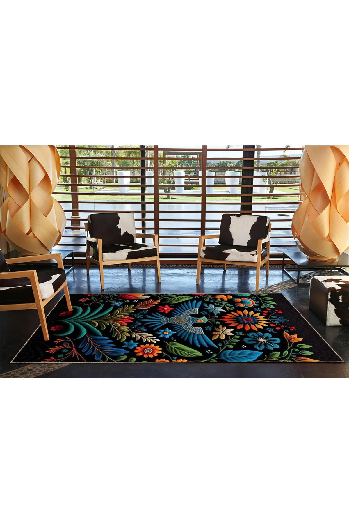 Siyah Temalı Çok Renkli Çiçek ve Kuş Desenli Modern Dekoratif Halı 3565