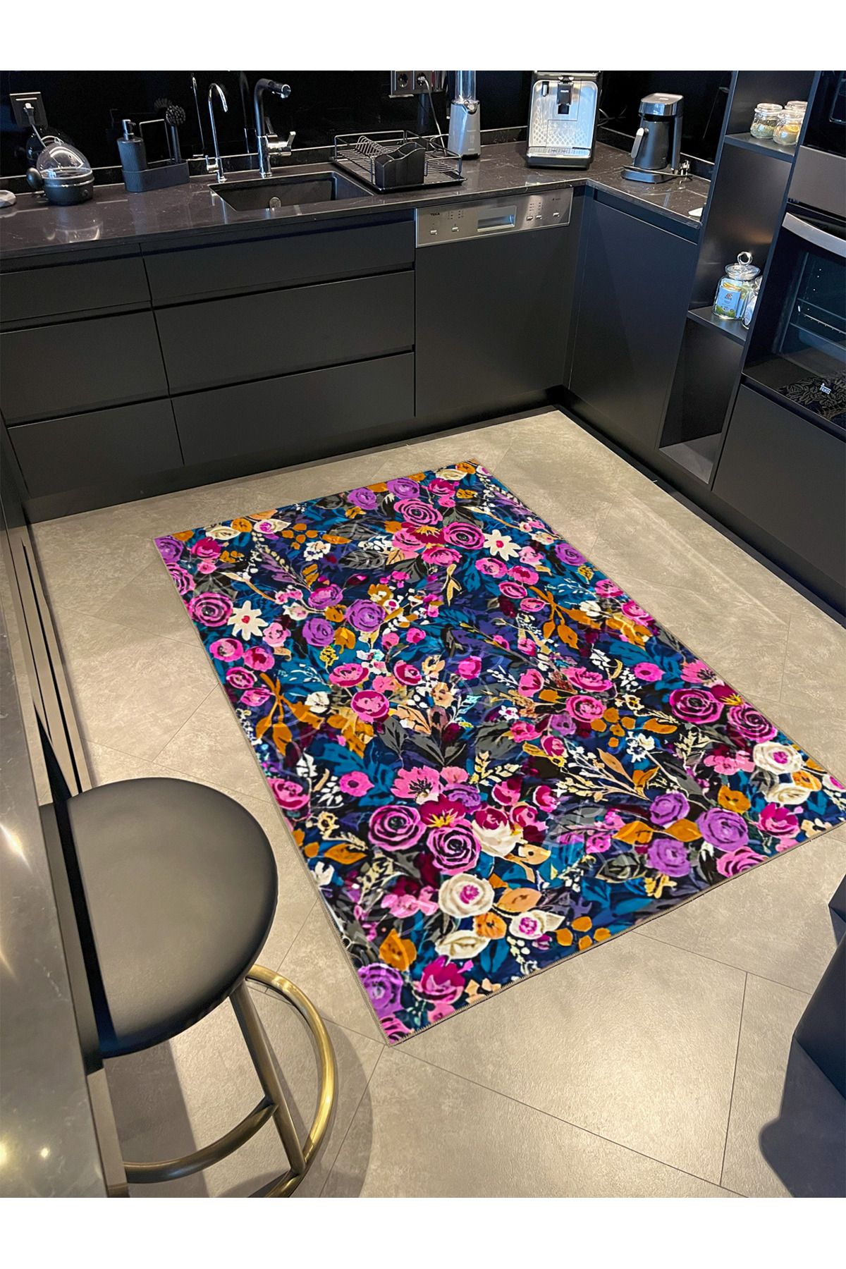 Botanik Mor Desenli Dokuma Taban ve Yıkanabilir Halı MYTH34