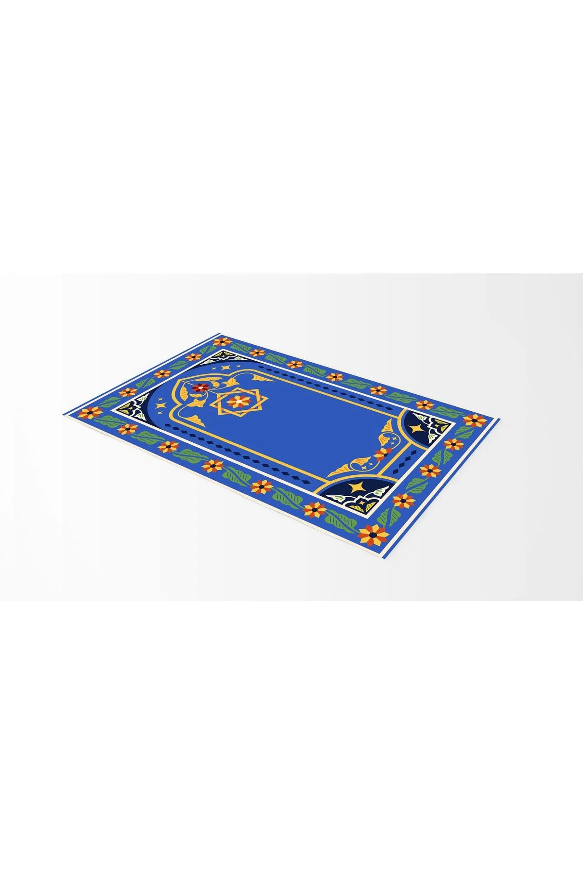 Mavi Çiçekli Geometrik Desenli Seccade 70x120