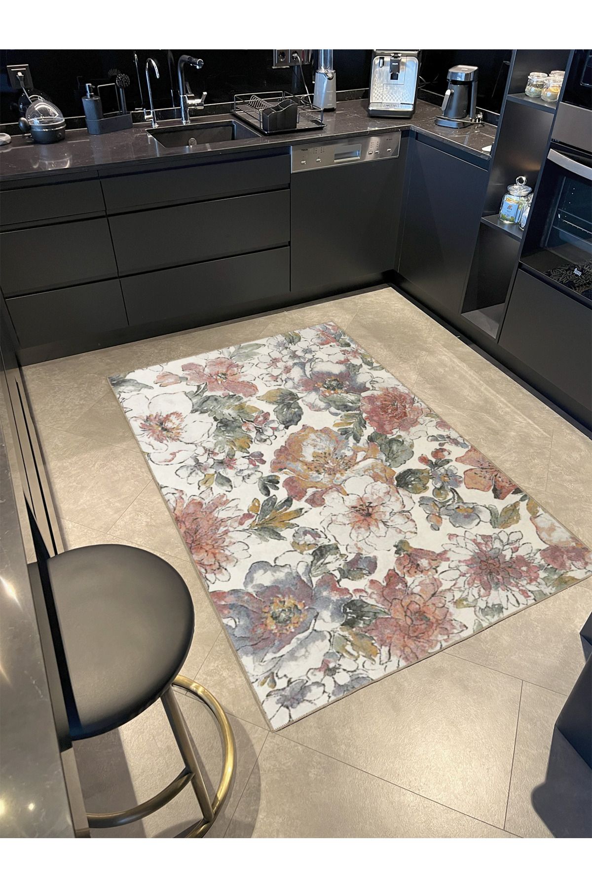 Pembe Bej Temalı Floral Çiçek Desenli Kreatif Modern Dekoratif Halı 3901