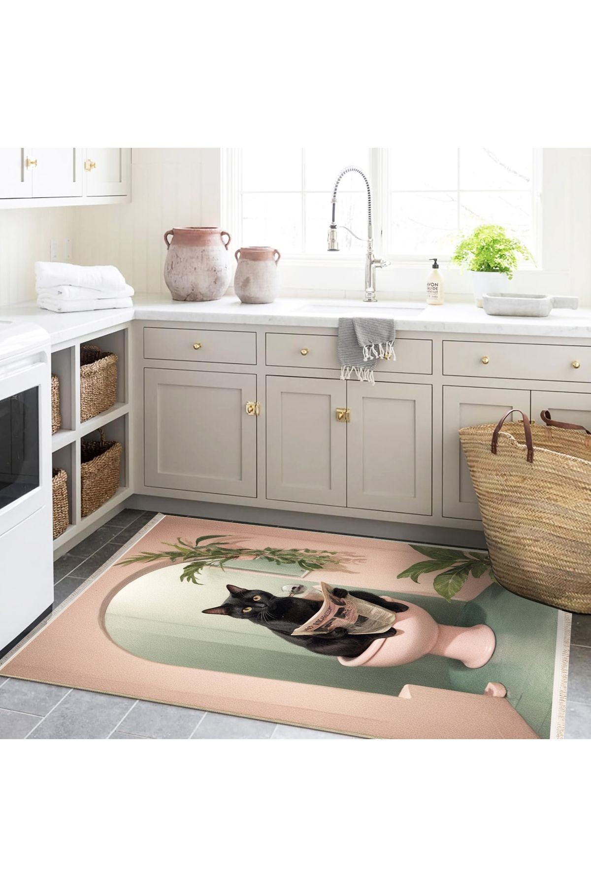 Semih Koleksiyonu Pembe Tema Klozetteki Siyah Kedi Desenli Dokuma Taban Modern Dekoratif Halı 26