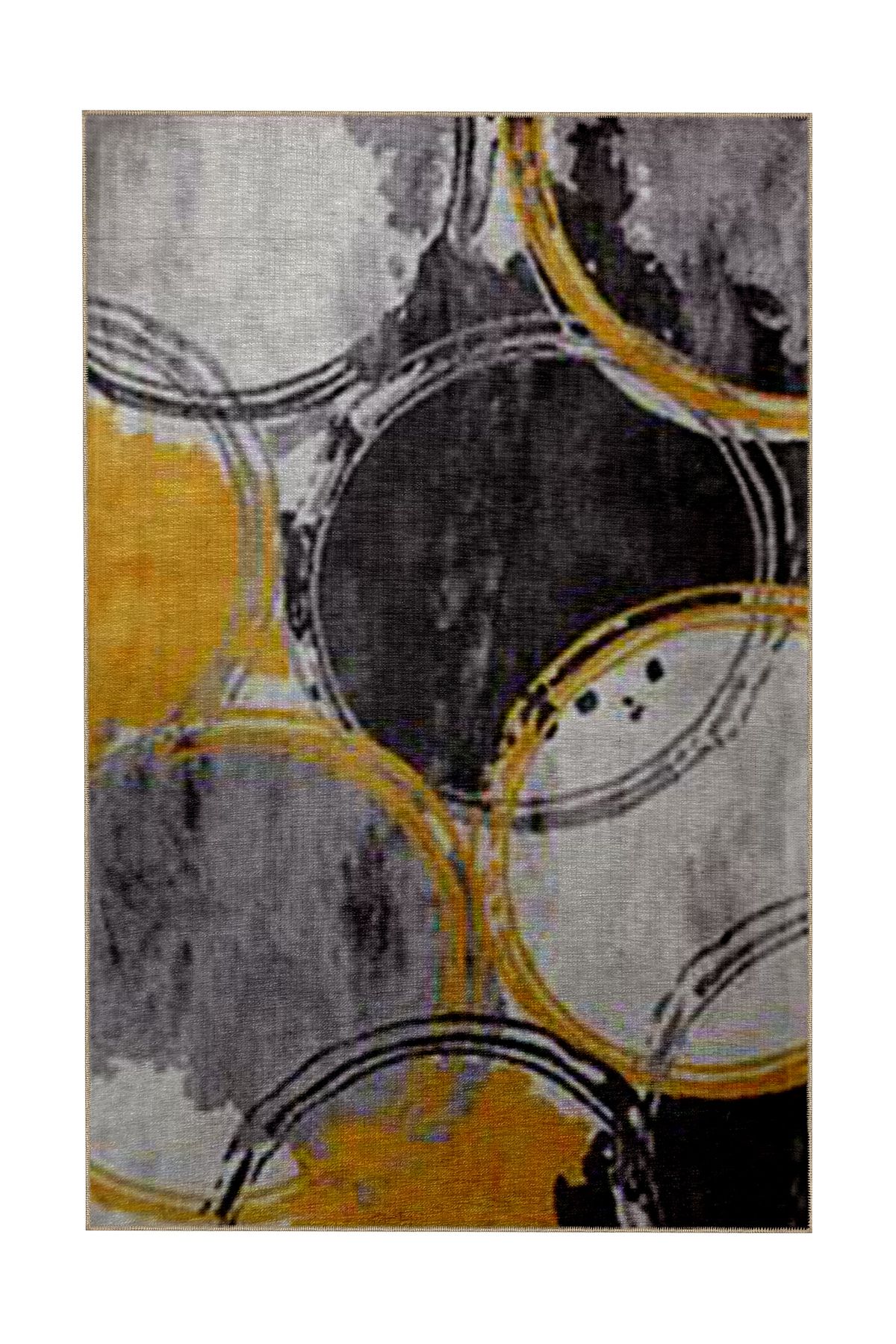 Gri Sarı Temalı Geometrik Daire Halka Desenli Modern Dekoratif Halı 5303