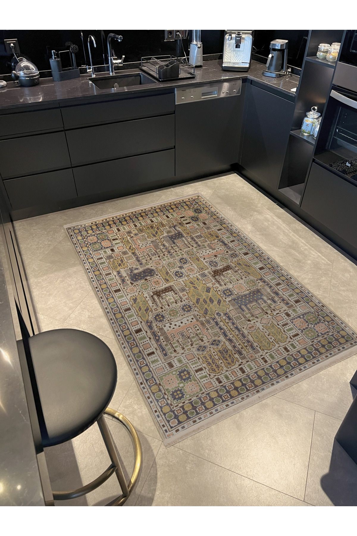 Bej Temalı Geleneksel Motif Etnik Desenli Kreatif Vintage Dekoratif Halı 2907