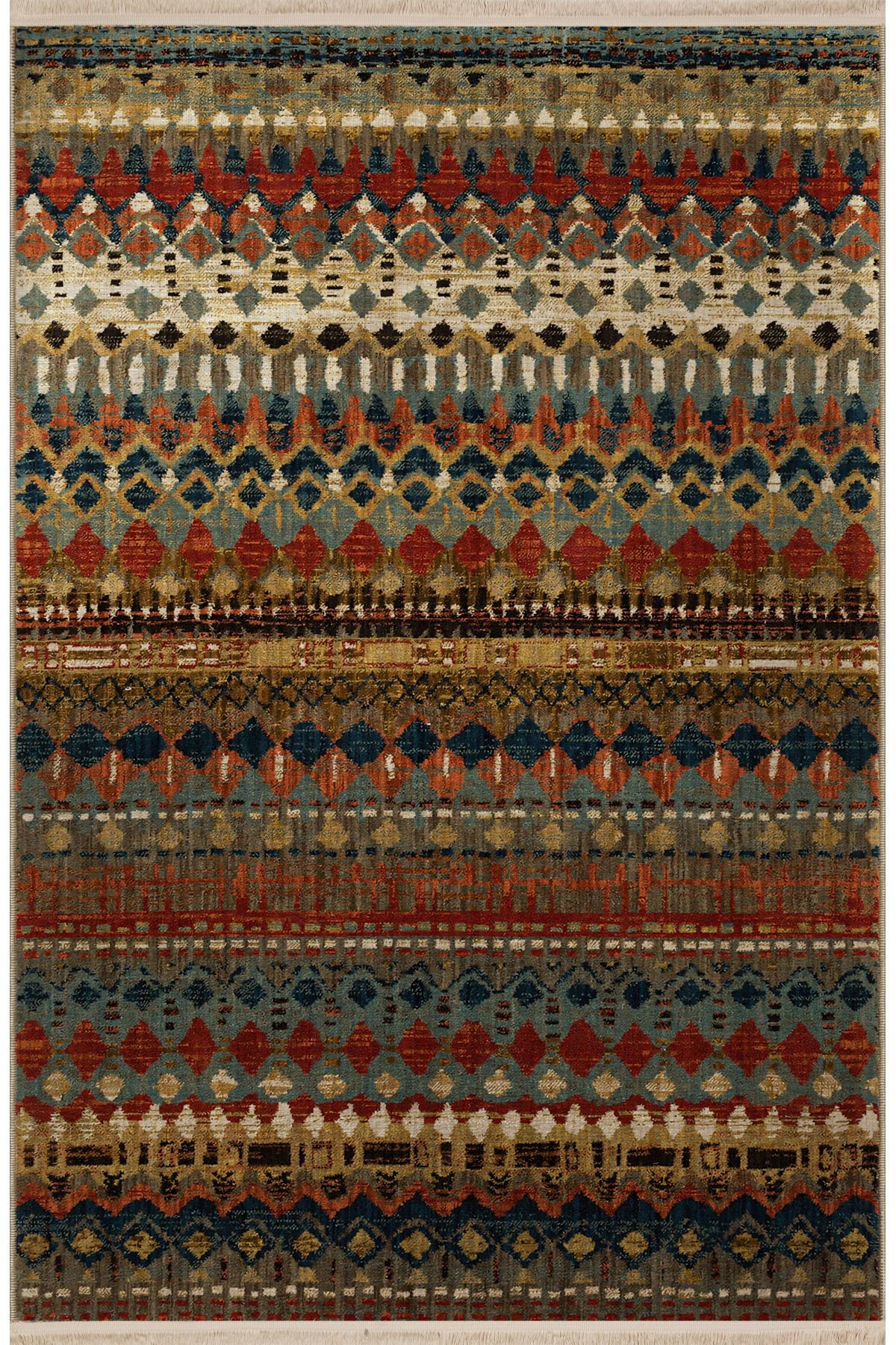 Koyu Ton Çok Renkli Geometrik Şekil Desenli Kreatif Vintage Dekoratif Halı 2635