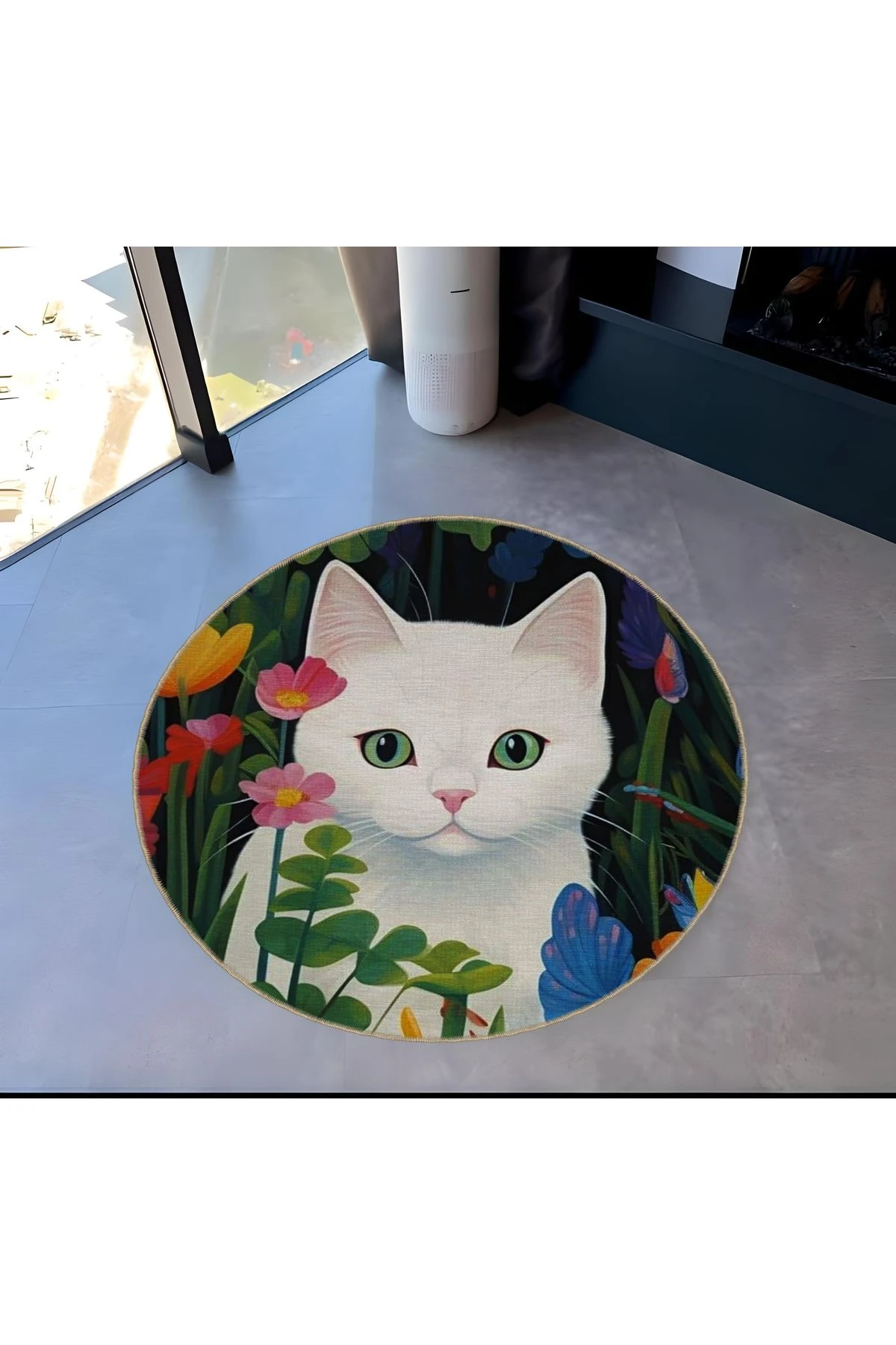 Mira Yuvarlak Çiçek Detaylı Beyaz Kedi Desenli Modern Dekoratif Halı 5530