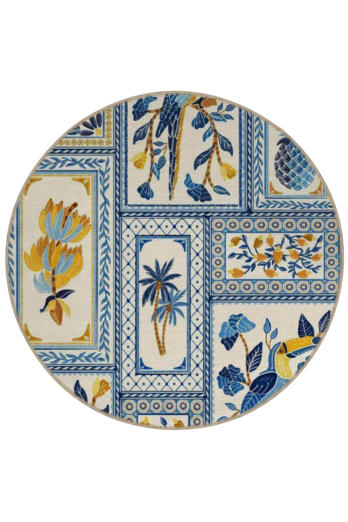 Antik Tasarım Serisi Yuvarlak Mavi Beyaz Detaylı Dokuma Taban Halı antik115