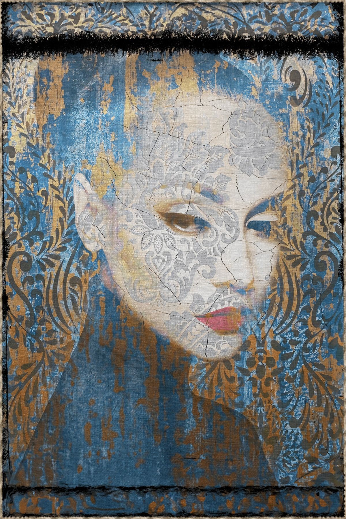 Sarı Mavi Temalı Motifli Soyut Kadın Portre Desenli Modern Dekoratif Halı 2524