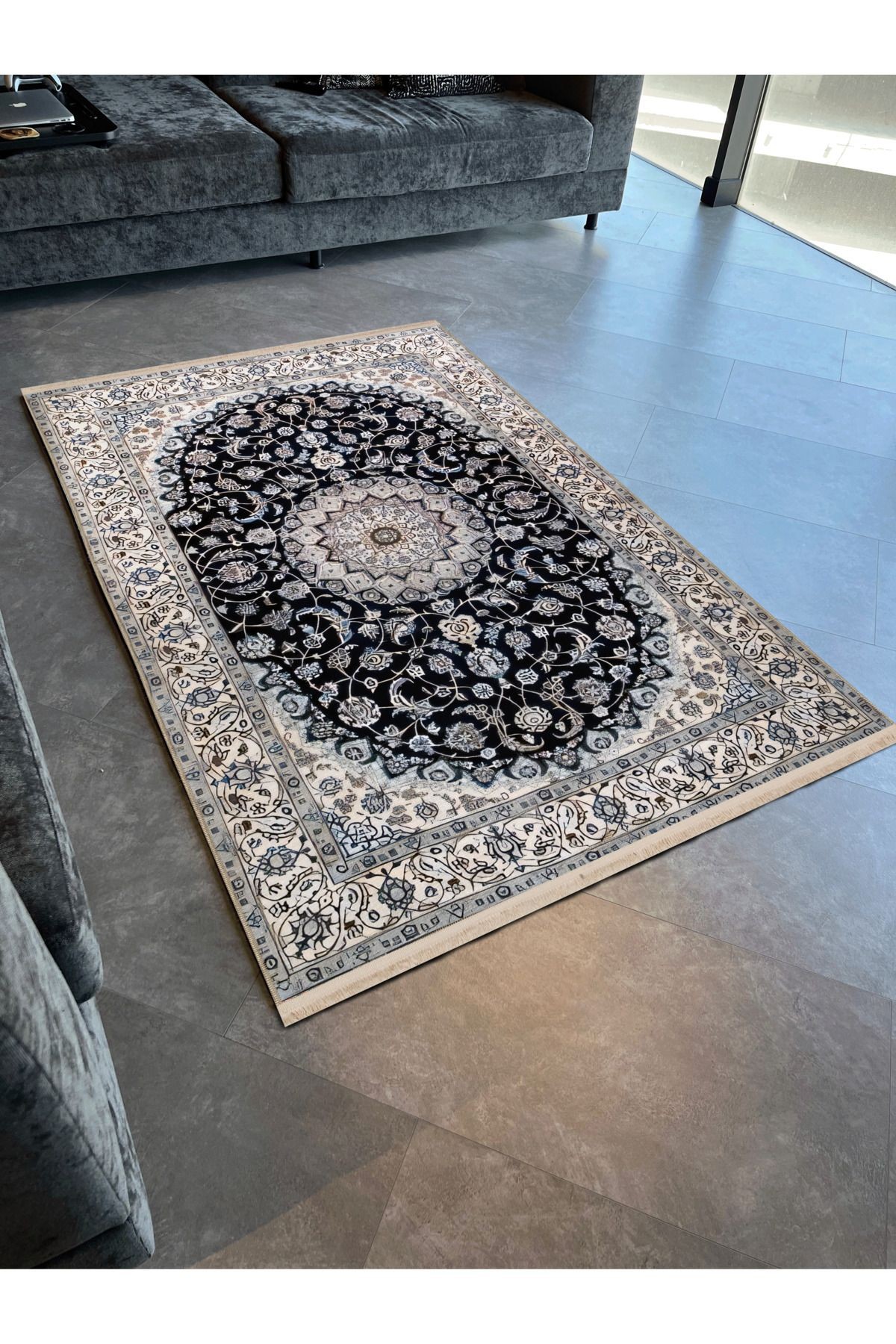 Açık Ton Bej Mavi Temalı Geleneksel Motif Etnik Desenli Kreatif Vintage Dekoratif Halı 2395