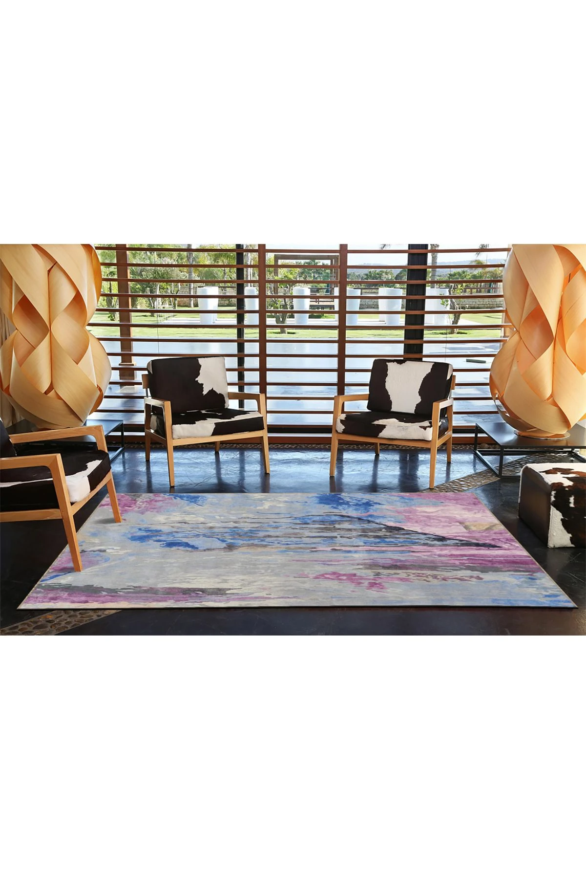 Pembe Mavi Temalı Soyut Mermer Desenli Kreatif Modern Dekoratif Halı 3984