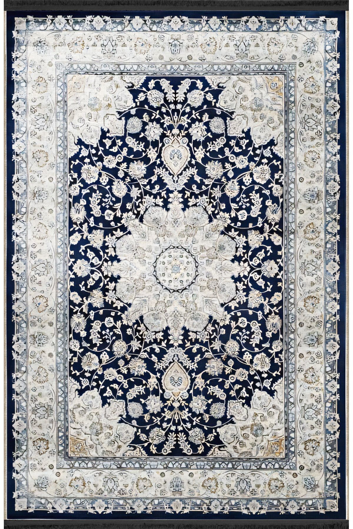 Açık Ton Mavi Bej Temalı Geleneksel Motif Etnik Çiçek Desenli Vintage Dekoratif Halı 2393