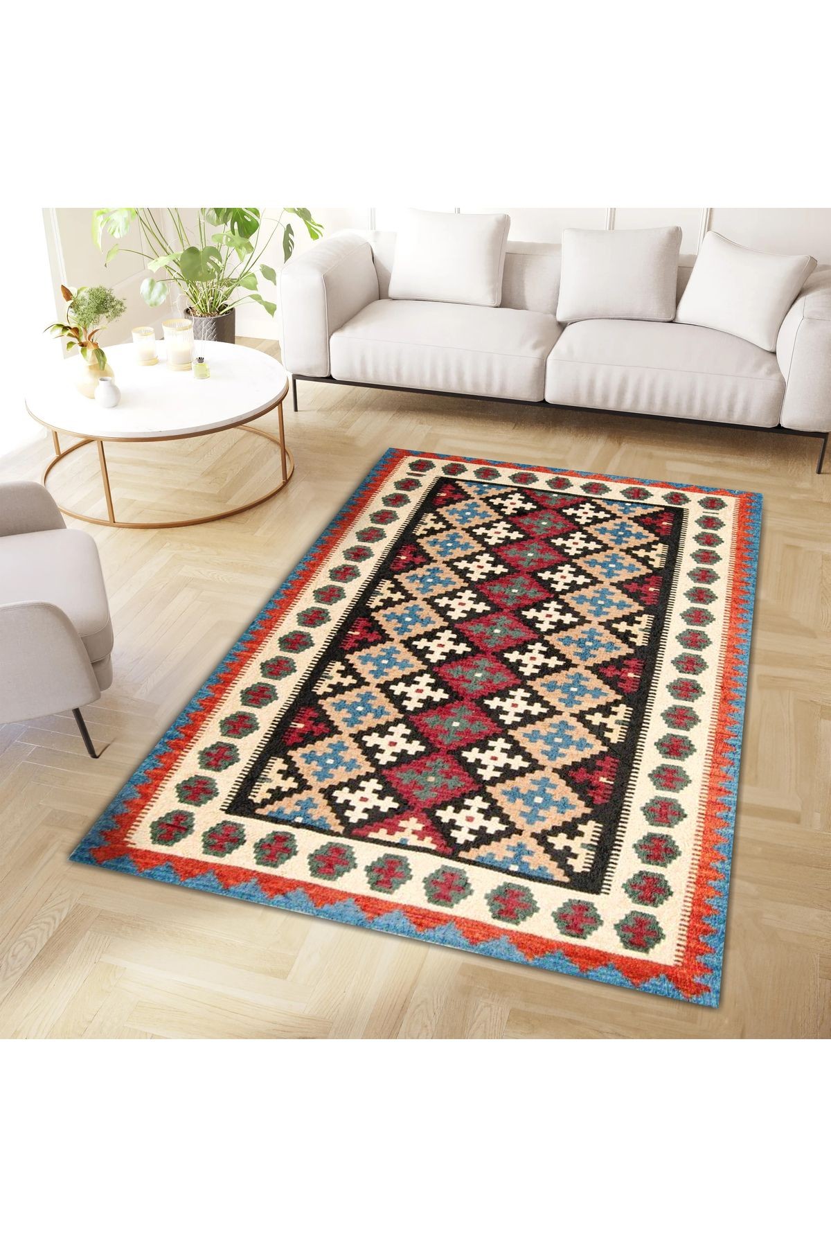 Aysu Koleksiyonu Siyah Detaylı Çok Renkli Etnik Desenli Dokuma Taban Modern Dekoratif Halı aysu28