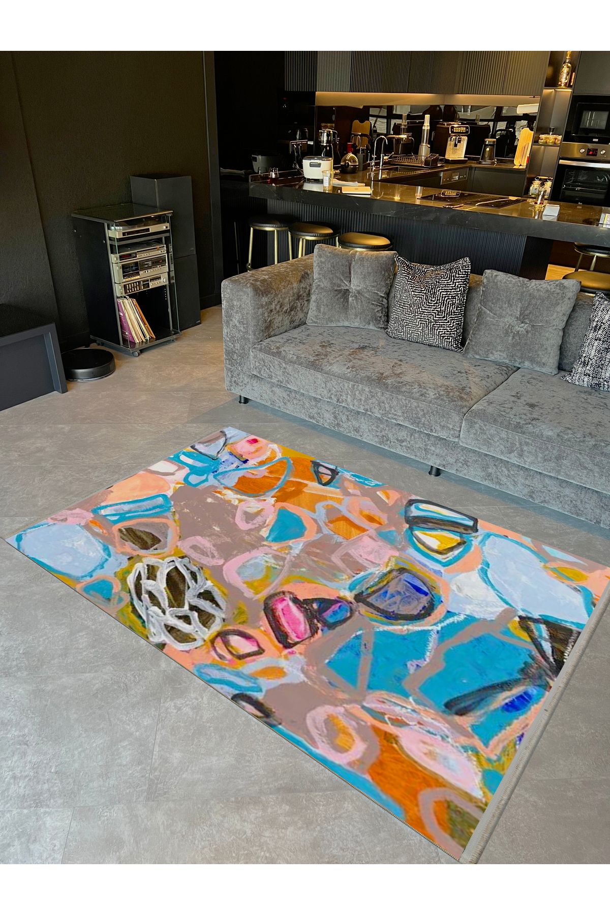Özge Koleksiyonu Yağlı Boya Görünümlü Çok Renkli Soyut Desenli Dokuma Taban Dekoratif Halı özge23