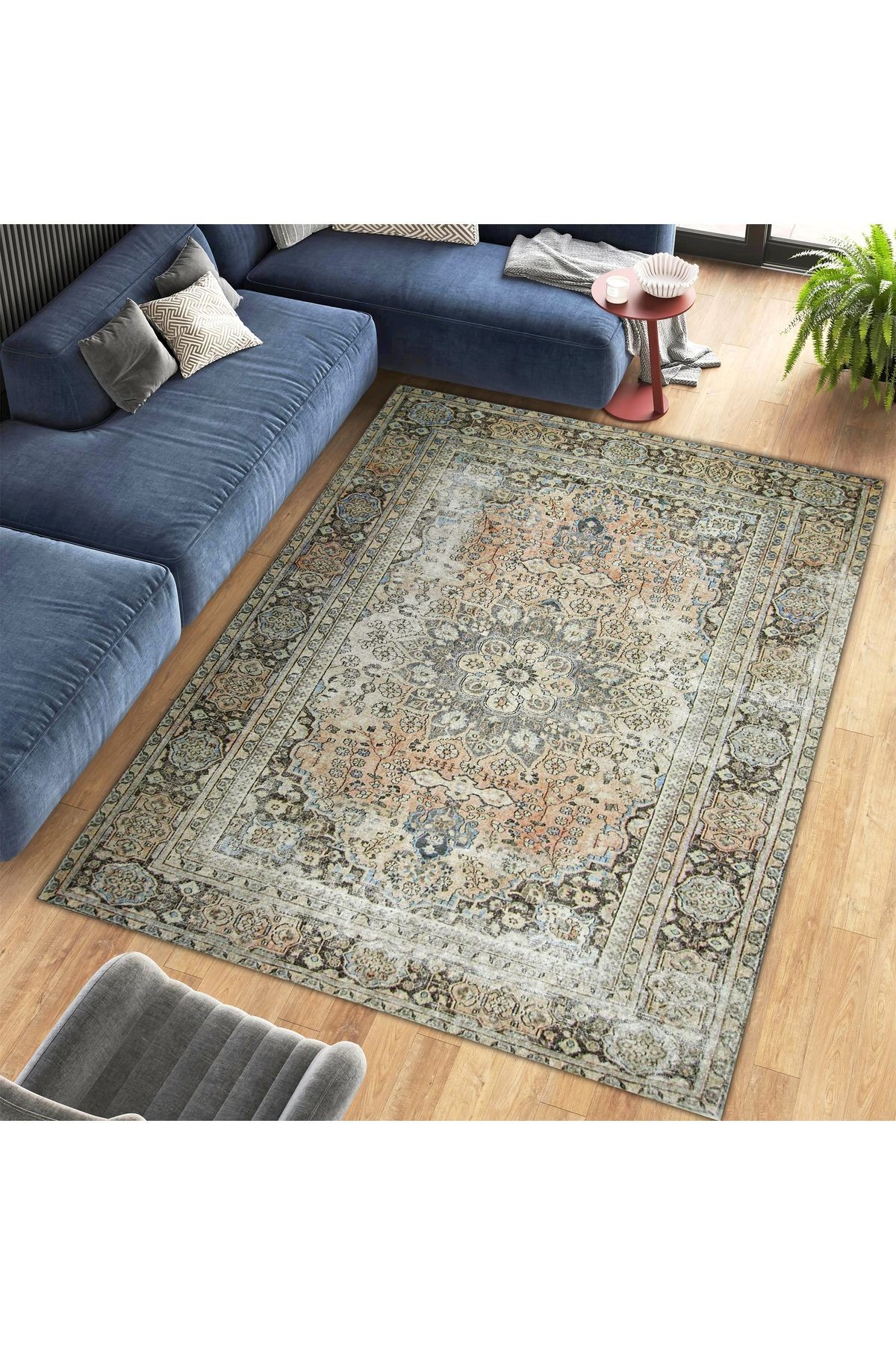 Mete Koleksiyonu Gri Temalı Geleneksel Motif ve Çiçek Desenli Vintage Dekoratif Halı 17