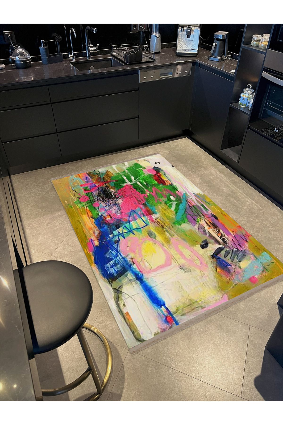 Özge Koleksiyonu Yağlı Boya Görünümlü Çok Renkli Soyut Desenli Dokuma Taban Dekoratif Halı özge20