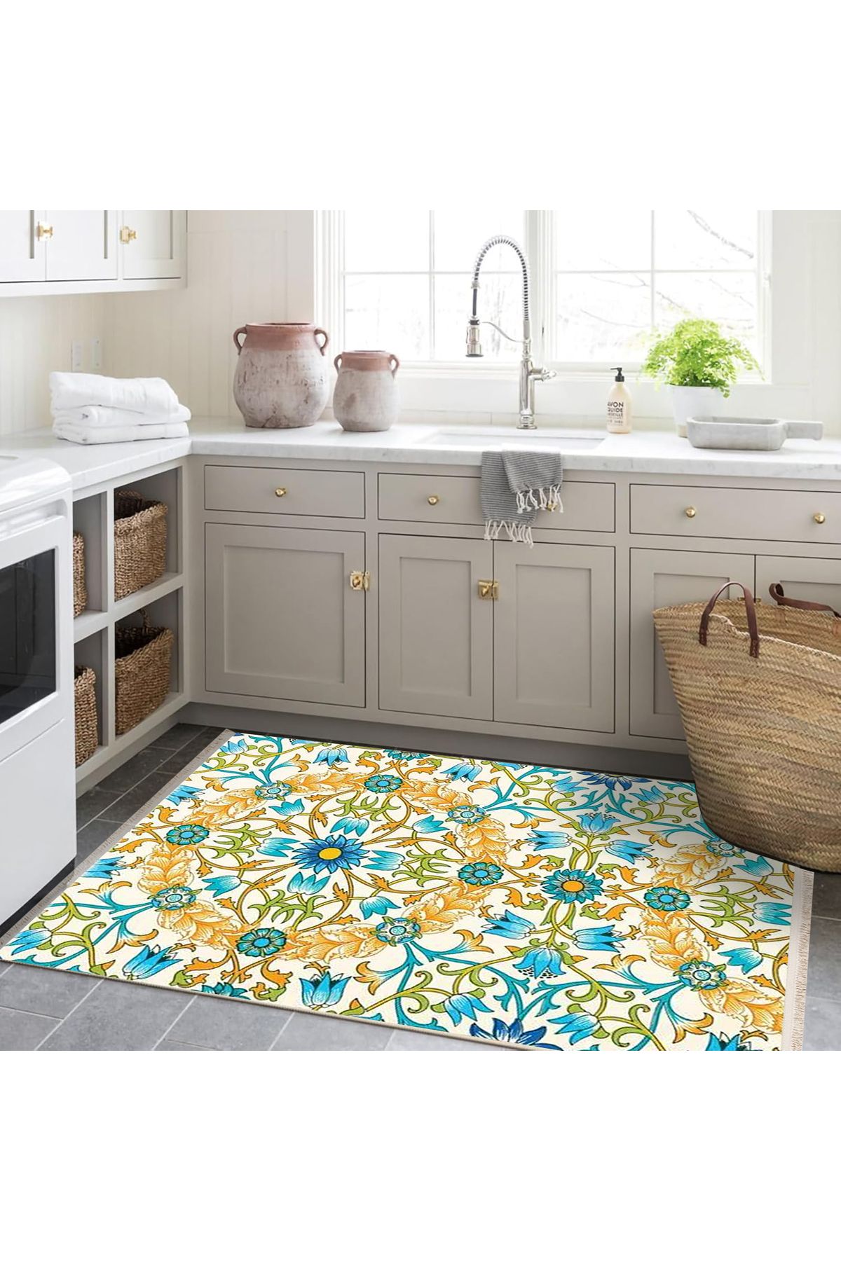 Özge Koleksiyonu Mavi Sarı Sarmaşık ve Çiçekler Desenli Dokuma Taban Modern Dekoratif Halı özge04