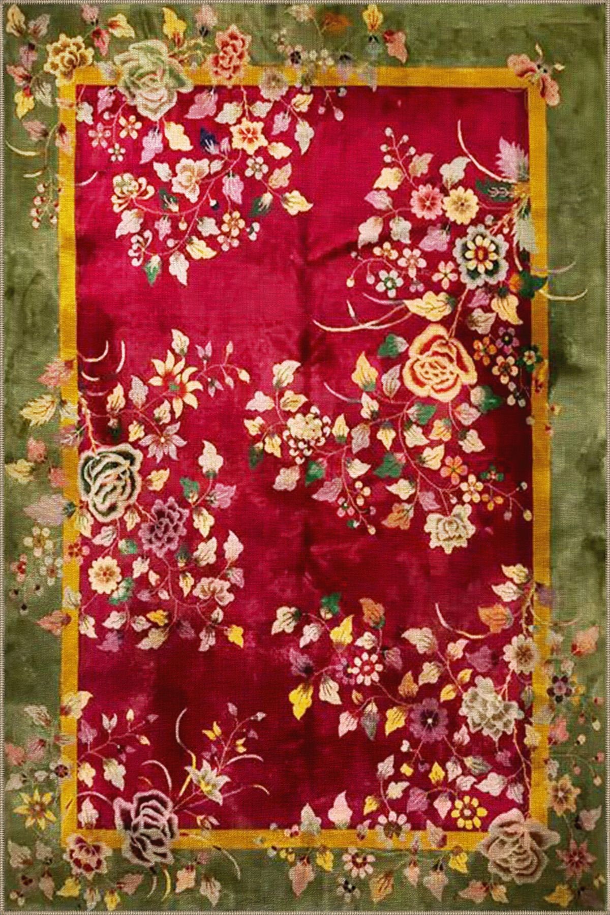 Kırmızı Temalı Geleneksel Çin Tasarım Floral Çiçek Desenli Vintage Dekoratif Halı 3488