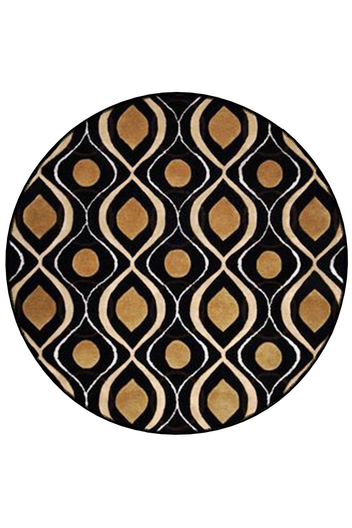Siyah Bej Tema Etnik Motif Desenli Yuvarlak Dokuma Taban Vintage Dekoratif Halı 6085