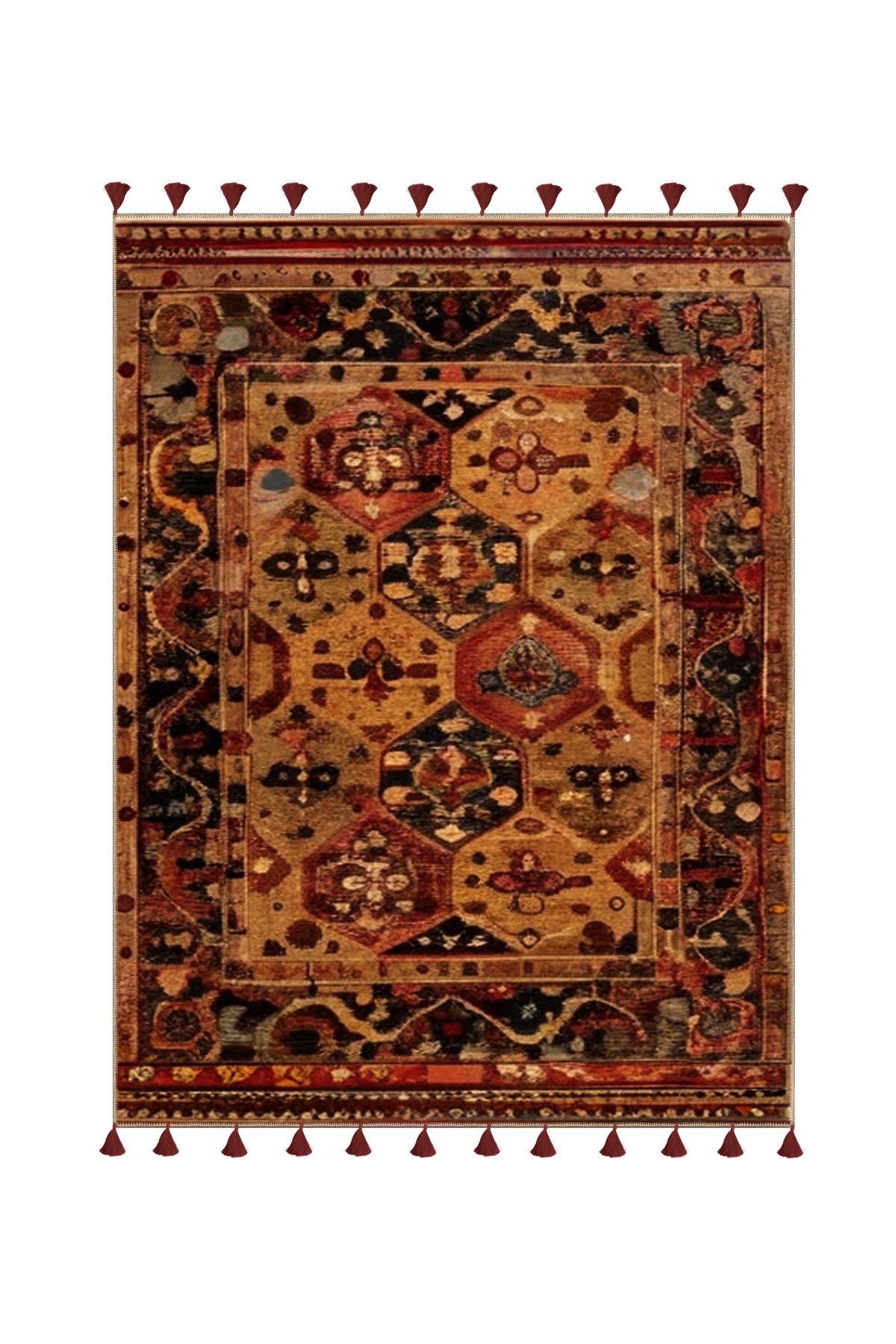 Royal Karma Soyut Antik Şekiller Desenli Püskül Detaylı Dokuma Taban Dekoratif Halı royal30
